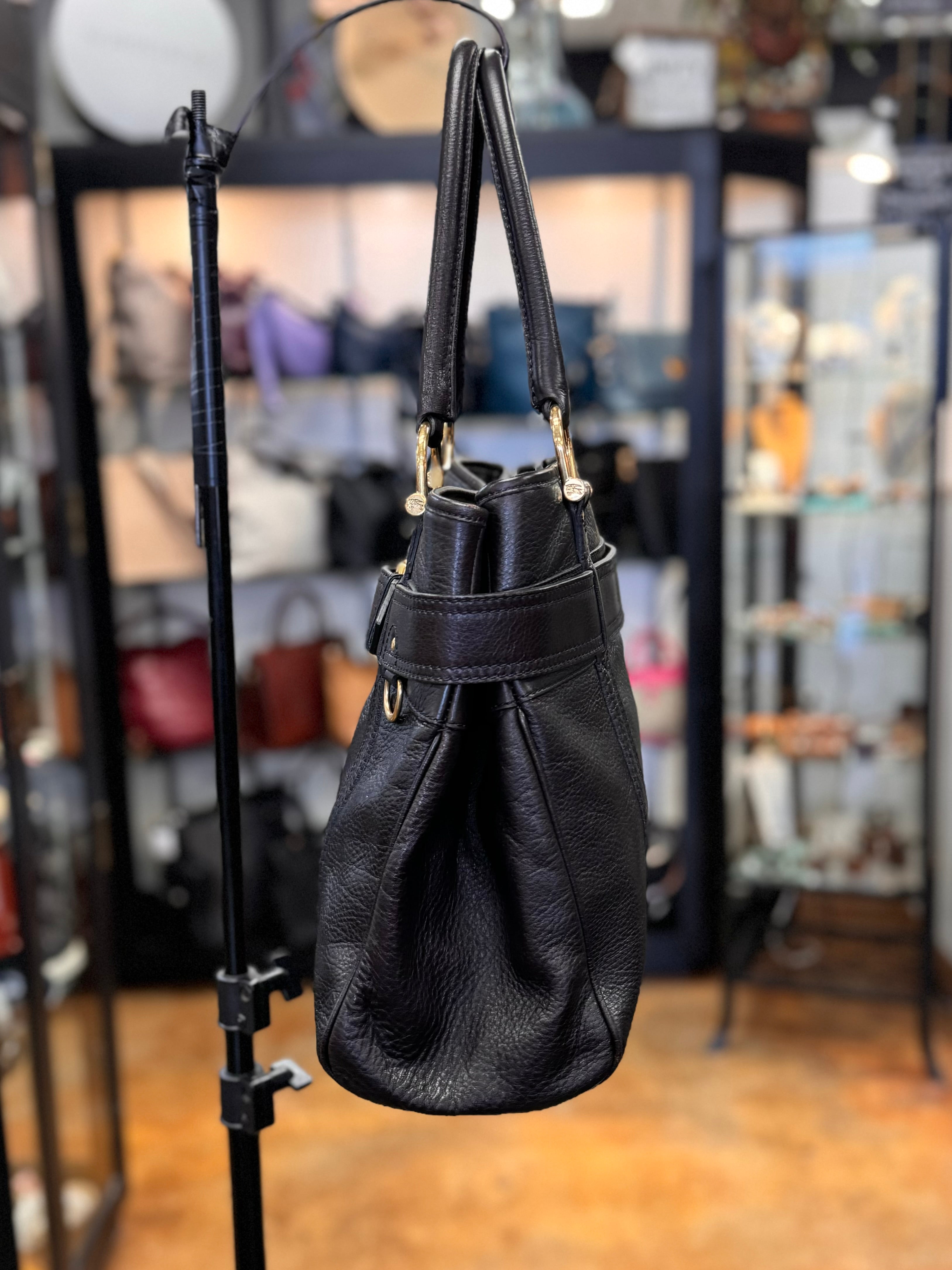 BURBERRY Black Leather Belted Tote Bag