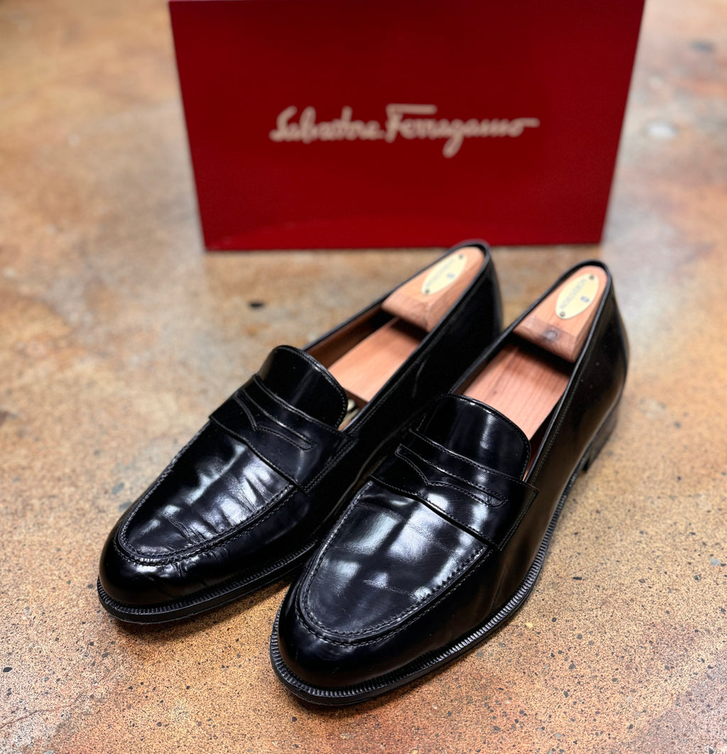 SOLD! Salvatore Ferragamo Men’s Black Patent Leather Penny Loafers Sz. 11