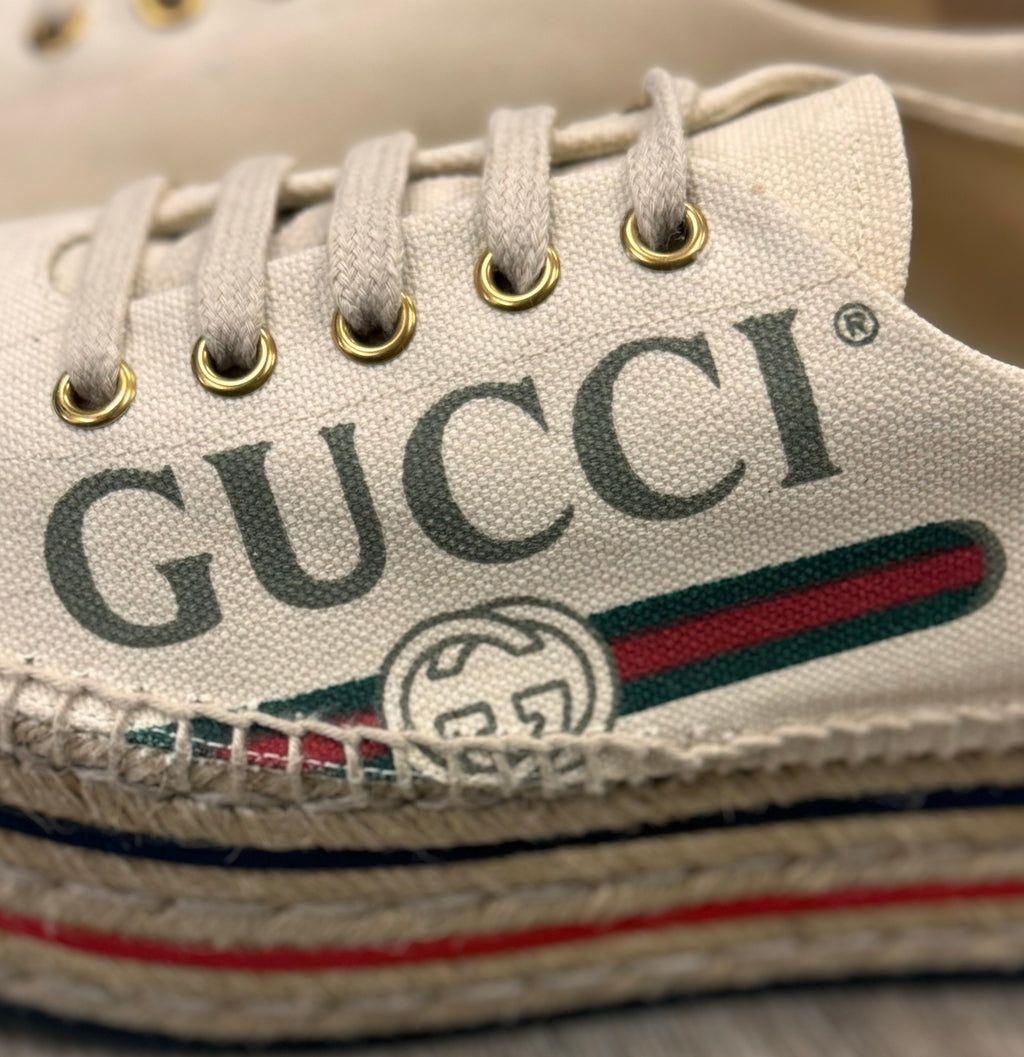 GUCCI Lillibeth Canvas Espadrille Platform Logo Sneakers Sz. 38 / 8