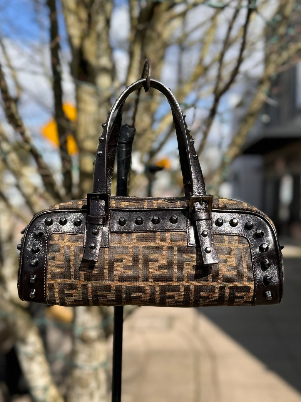 SOLD! Vintage Y2K FENDI Zucca Studded Leather & Canvas Bag
