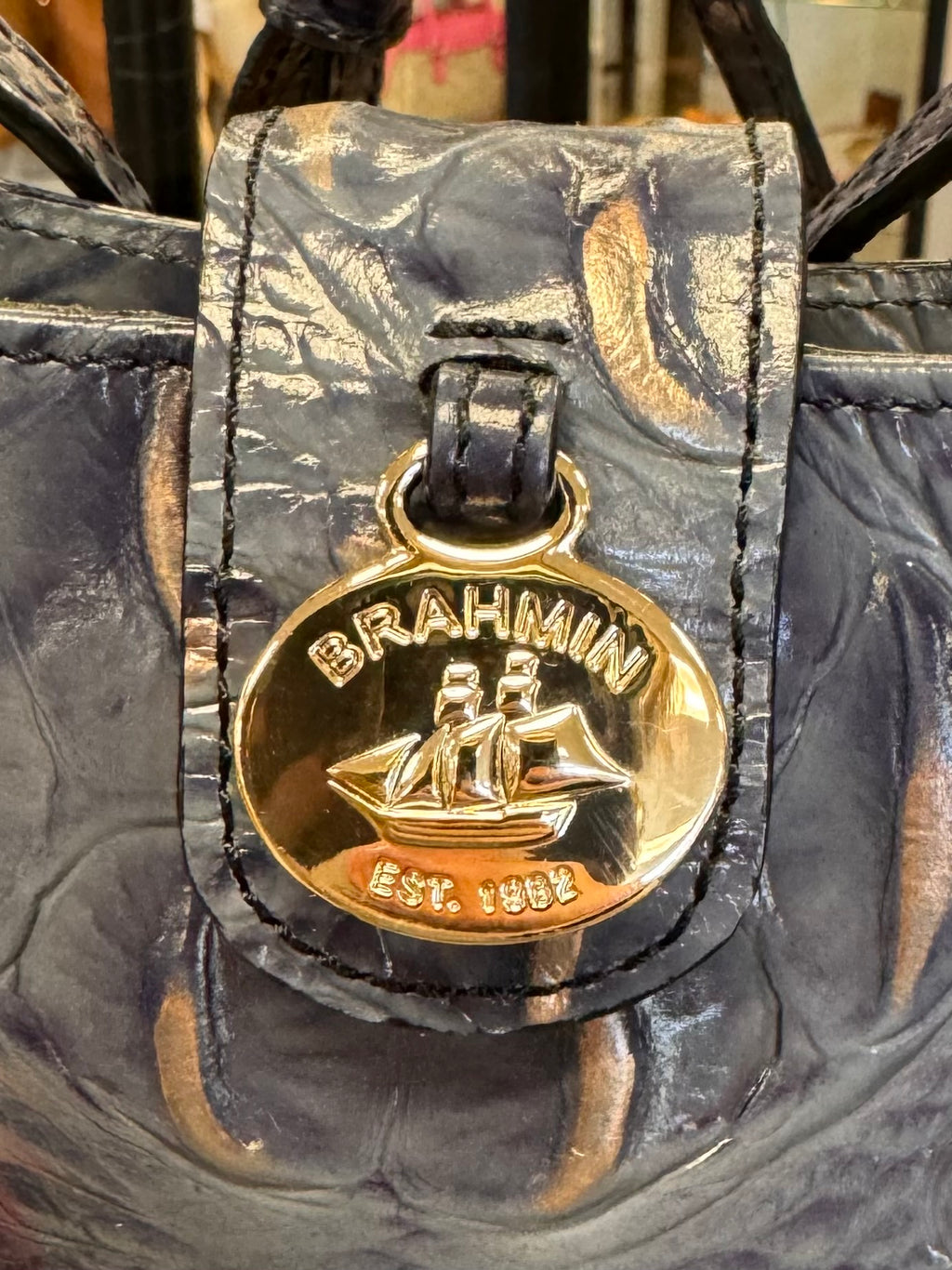 BRAHMIN Blue Marley Croc Embossed Leather Bag