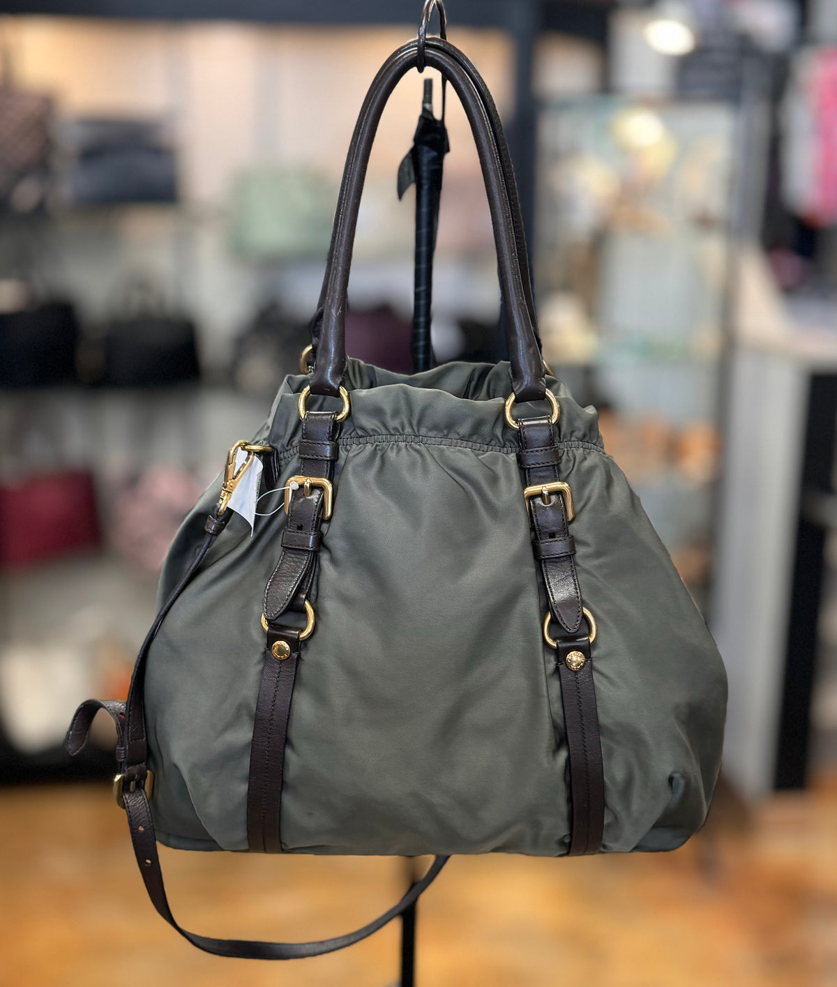 PRADA Green Tessuto Nylon Leather Trim Shoulder Bag