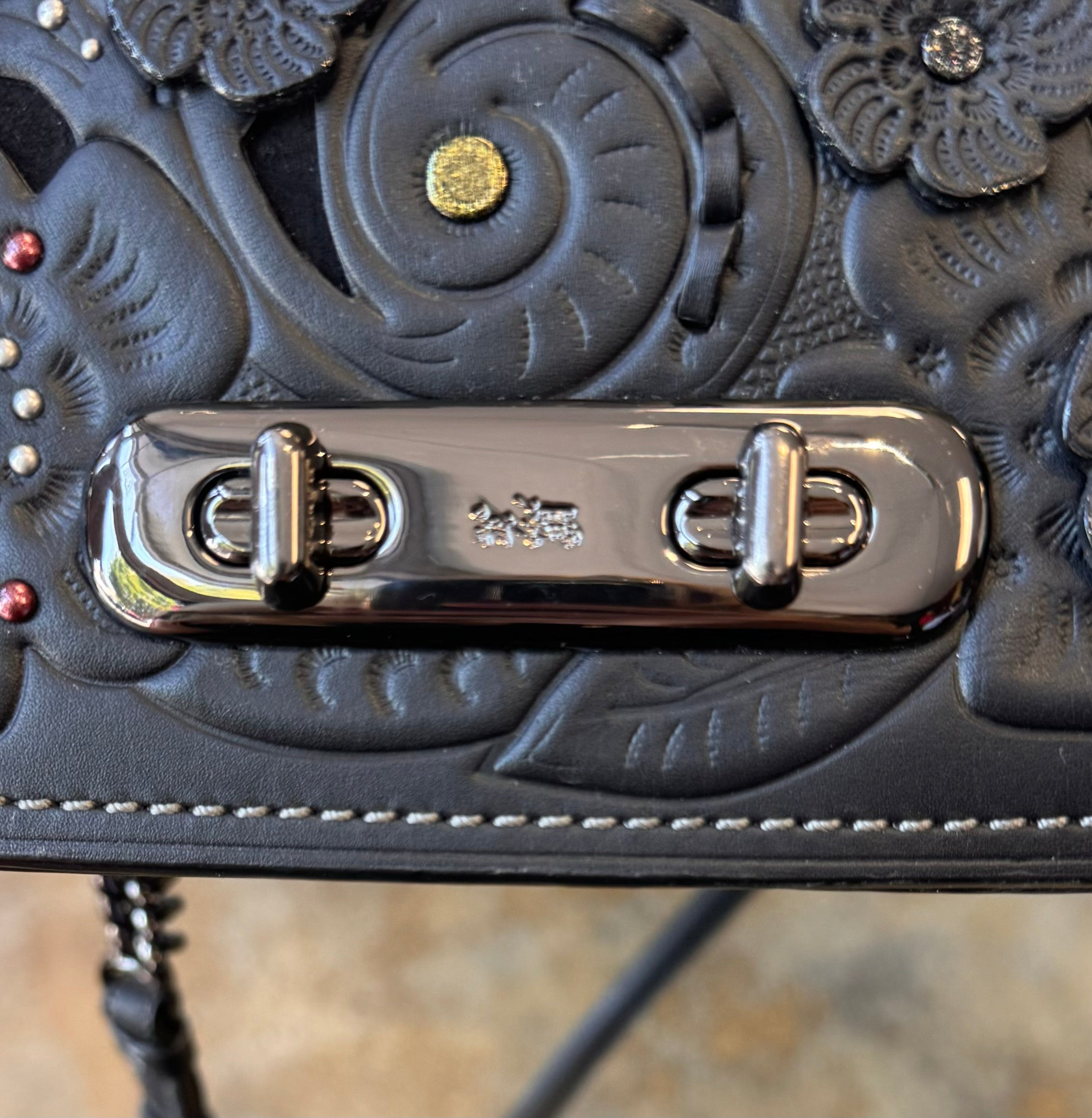 COACH 1941 Swagger Black Tea Rose Tooling Shoulder Bag