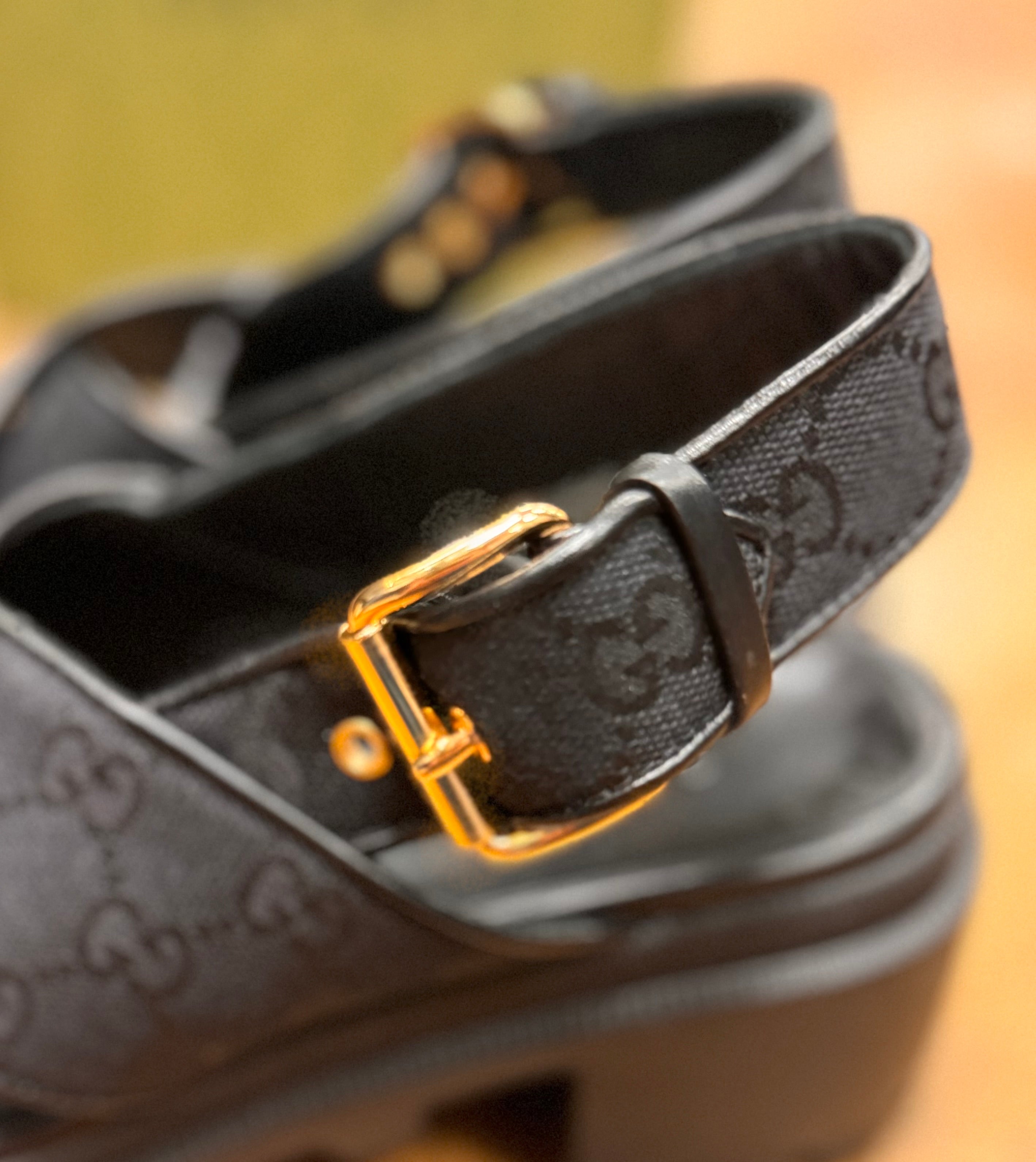 GUCCI Black Canvas Slingback GG Monogram Platform Sandals Sz. 7 1/2