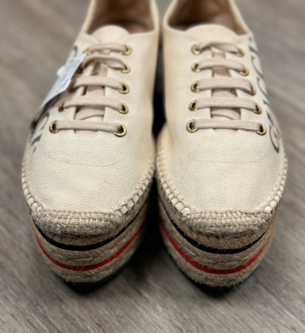 GUCCI Lillibeth Canvas Espadrille Platform Logo Sneakers Sz. 38 / 8