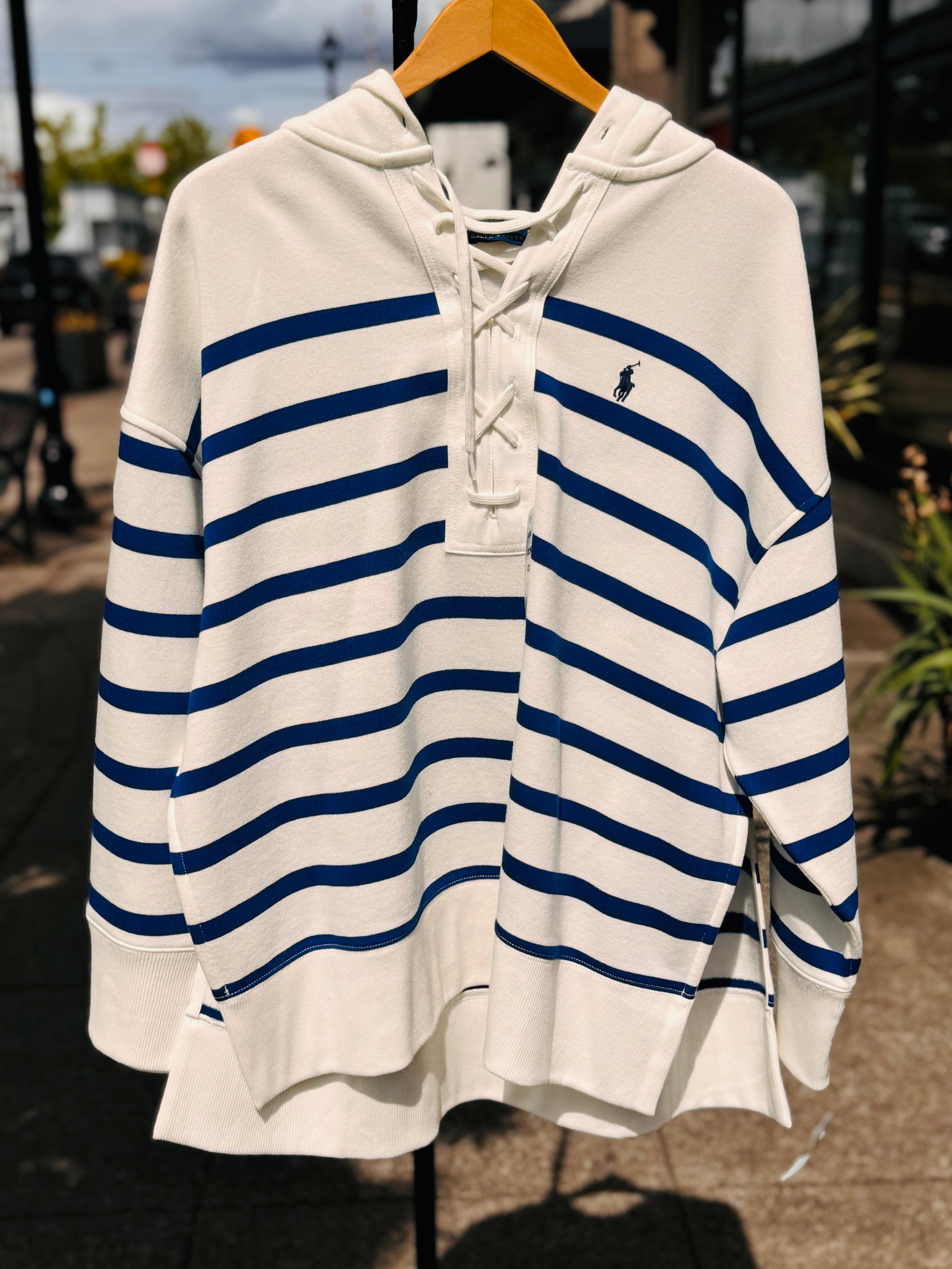RALPH LAUREN Blue & White Stripped Oversize Hooded Jacket Sz. S/XS