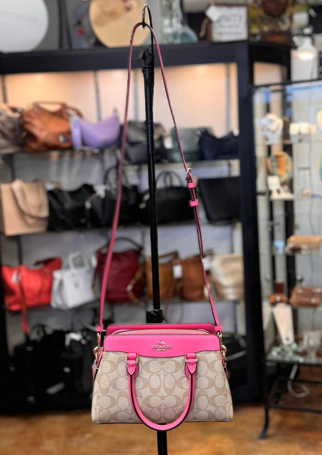 COACH Leather Pink & Tan Darcie Satchel Crossbody Bag