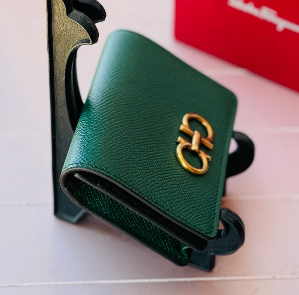 Salvatore Ferragamo Green Leather Double Gancini Mini Wallet