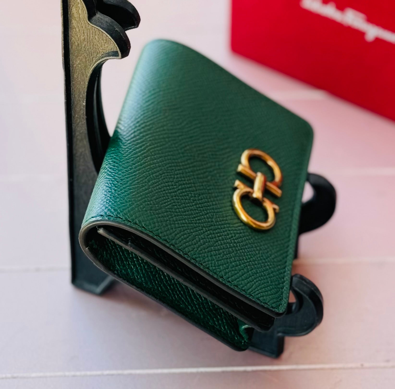 Salvatore Ferragamo Green Leather Double Gancini Mini Wallet