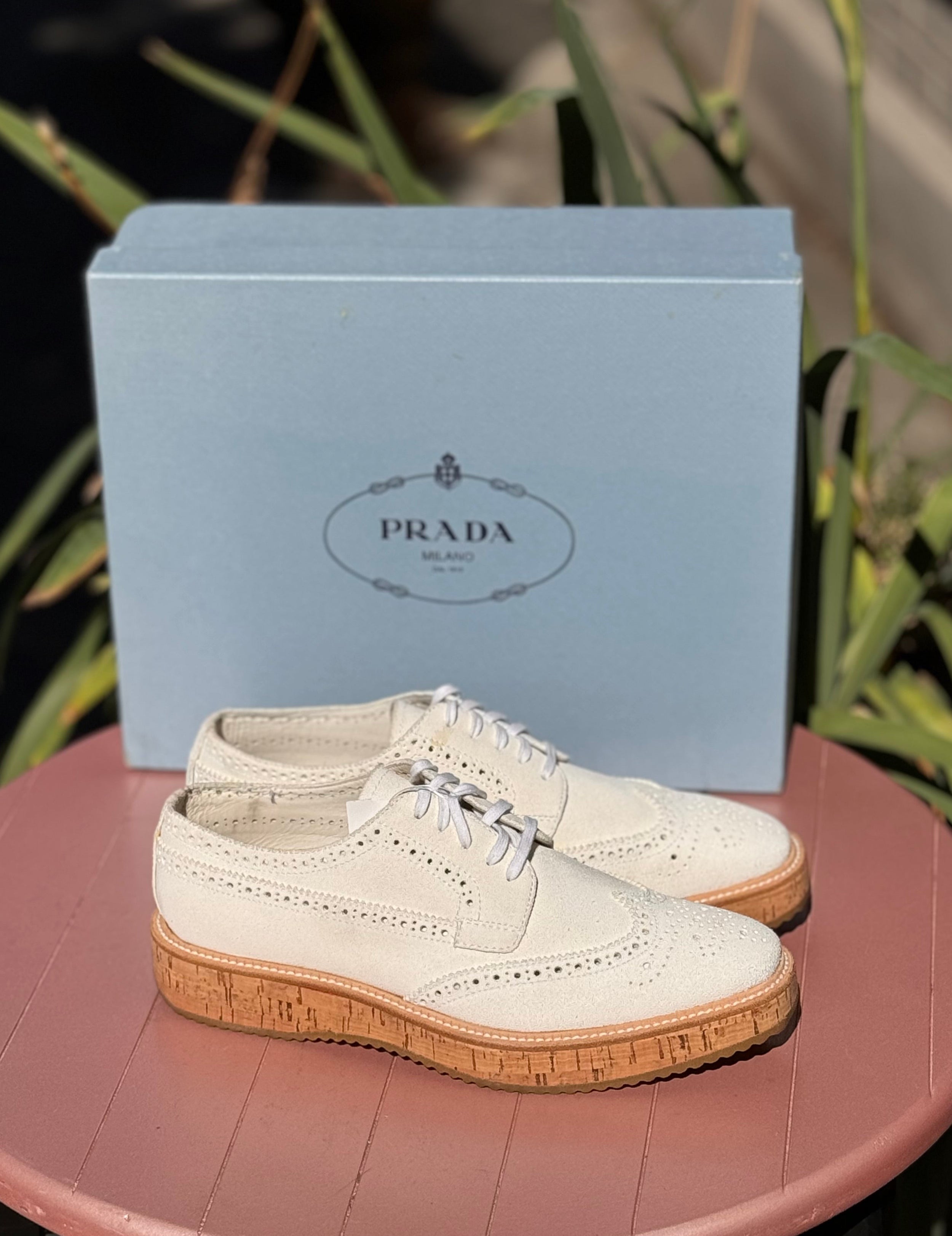 PRADA White Lasercut Accents Oxford Lace Up Shoes Sz. 39 / 9