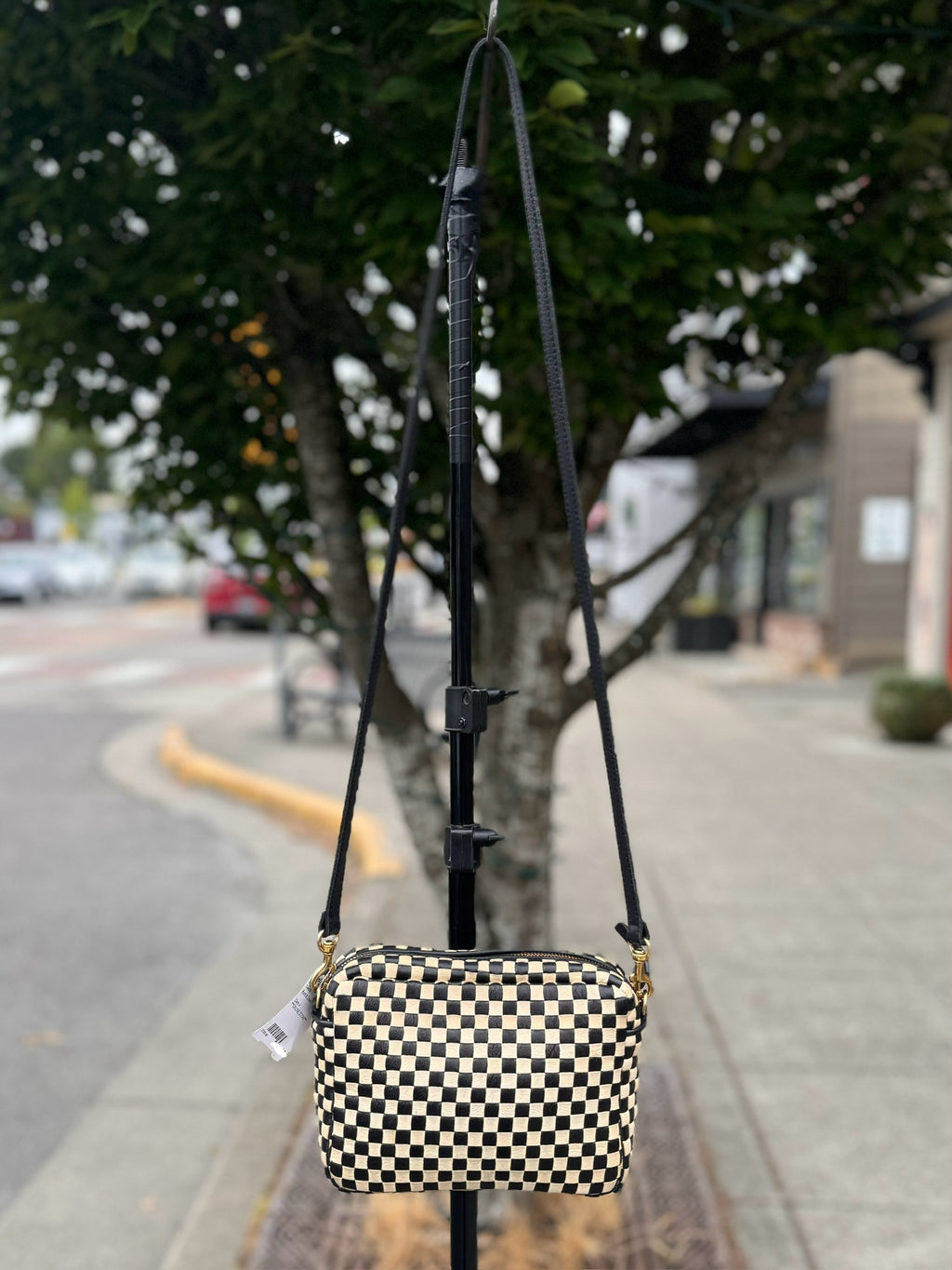 Clare V. Black & Cream Check Leather Crossbody Bag