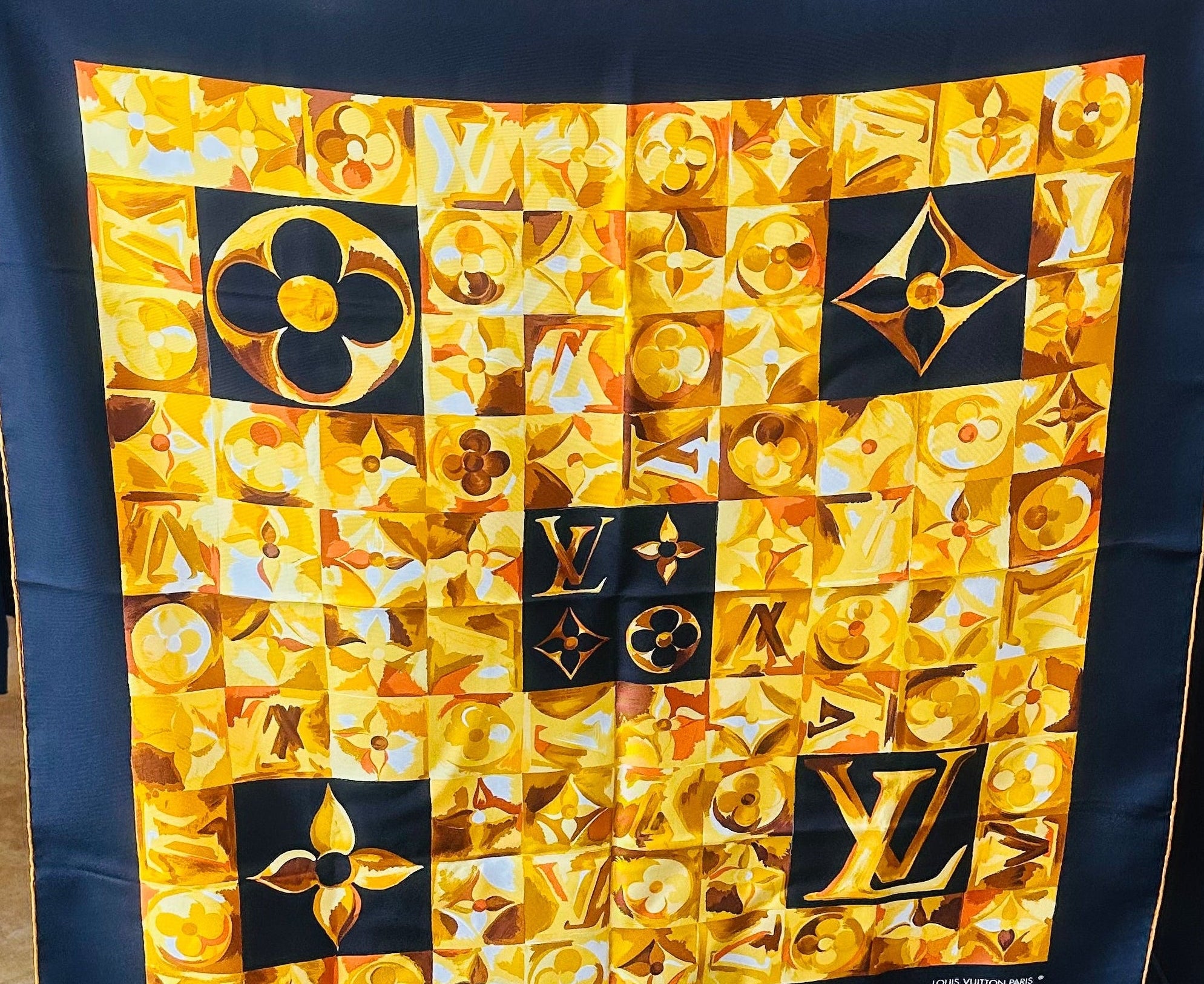 SOLD! LOUIS VUITTON Paris Carre de soie Monogram Checkerboard Square Silk Scarf