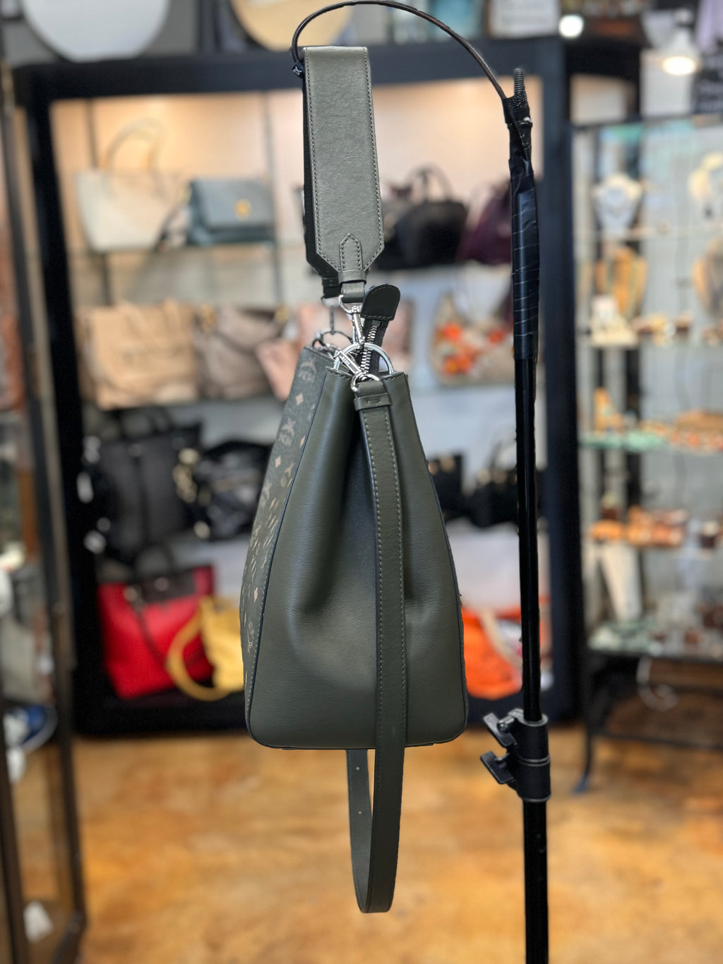 MCM Green Leather Aren Monogram Shoulder Crossbody Bag