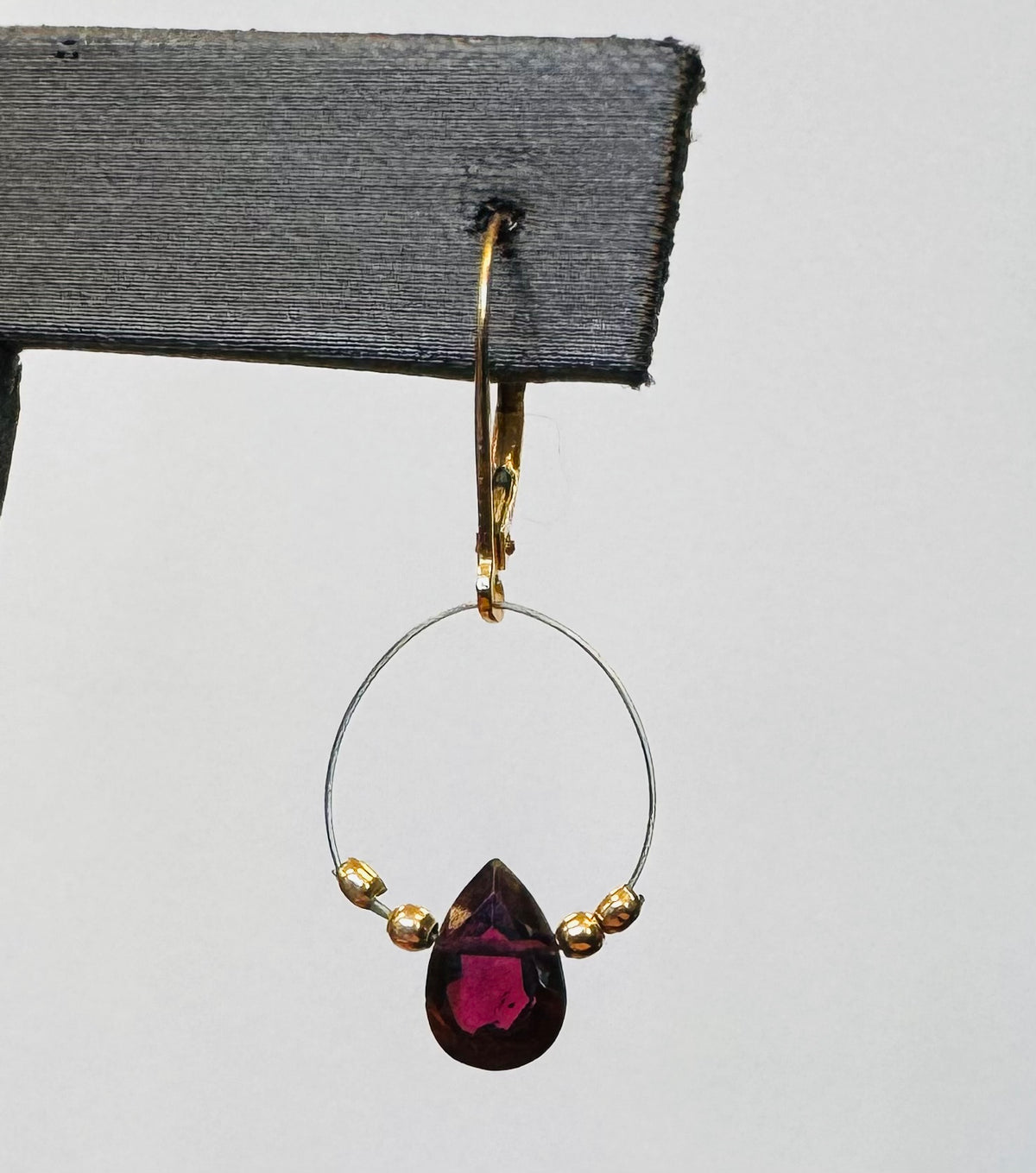 14K Y. Gold Pear Drop Faceted Ruby Hoop Earrings