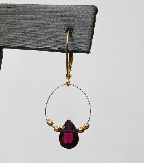14K Y. Gold Pear Drop Faceted Ruby Hoop Earrings