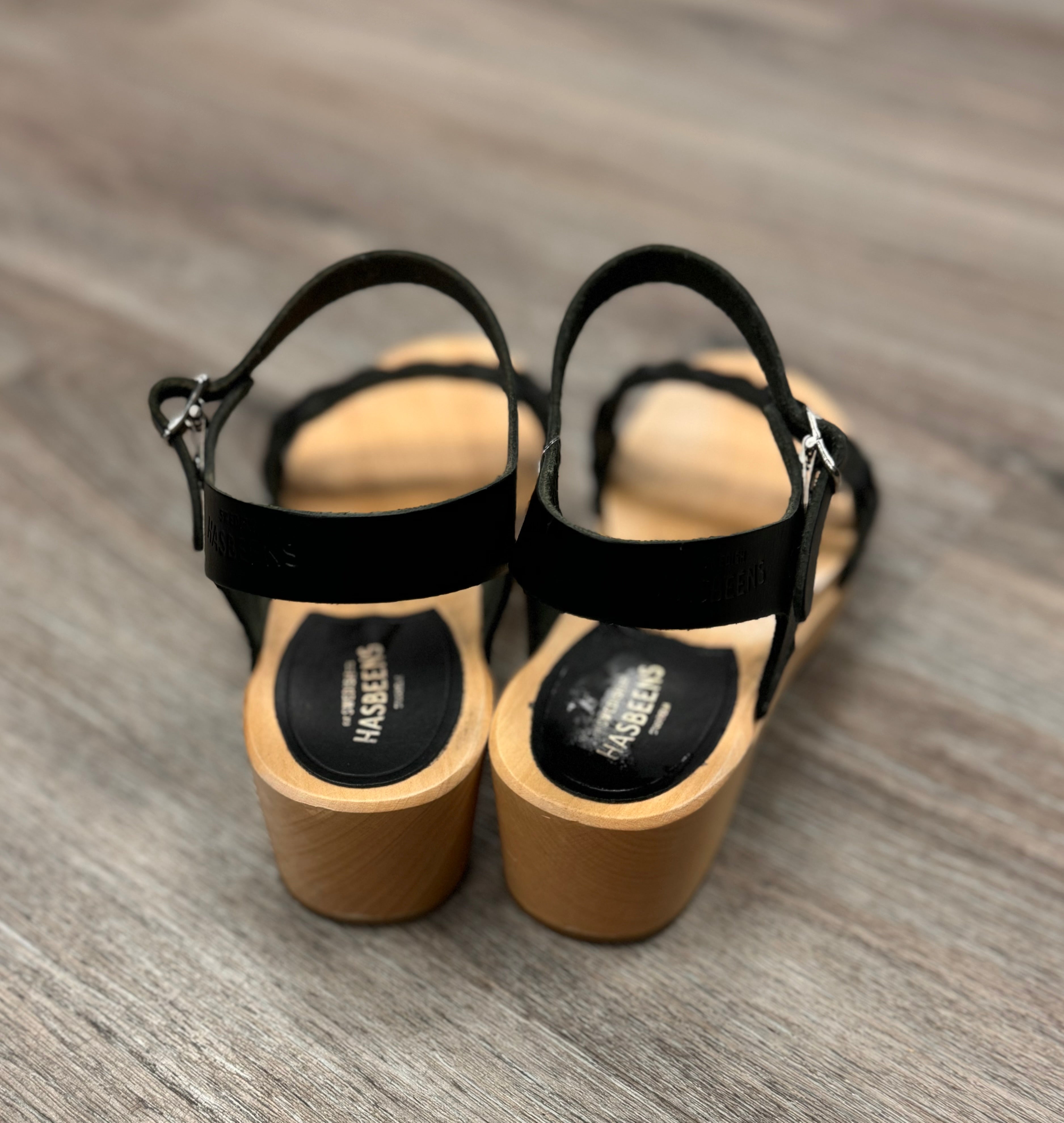 HASBEENS Black Tanja Debutant Wooden Clog Sz. 39