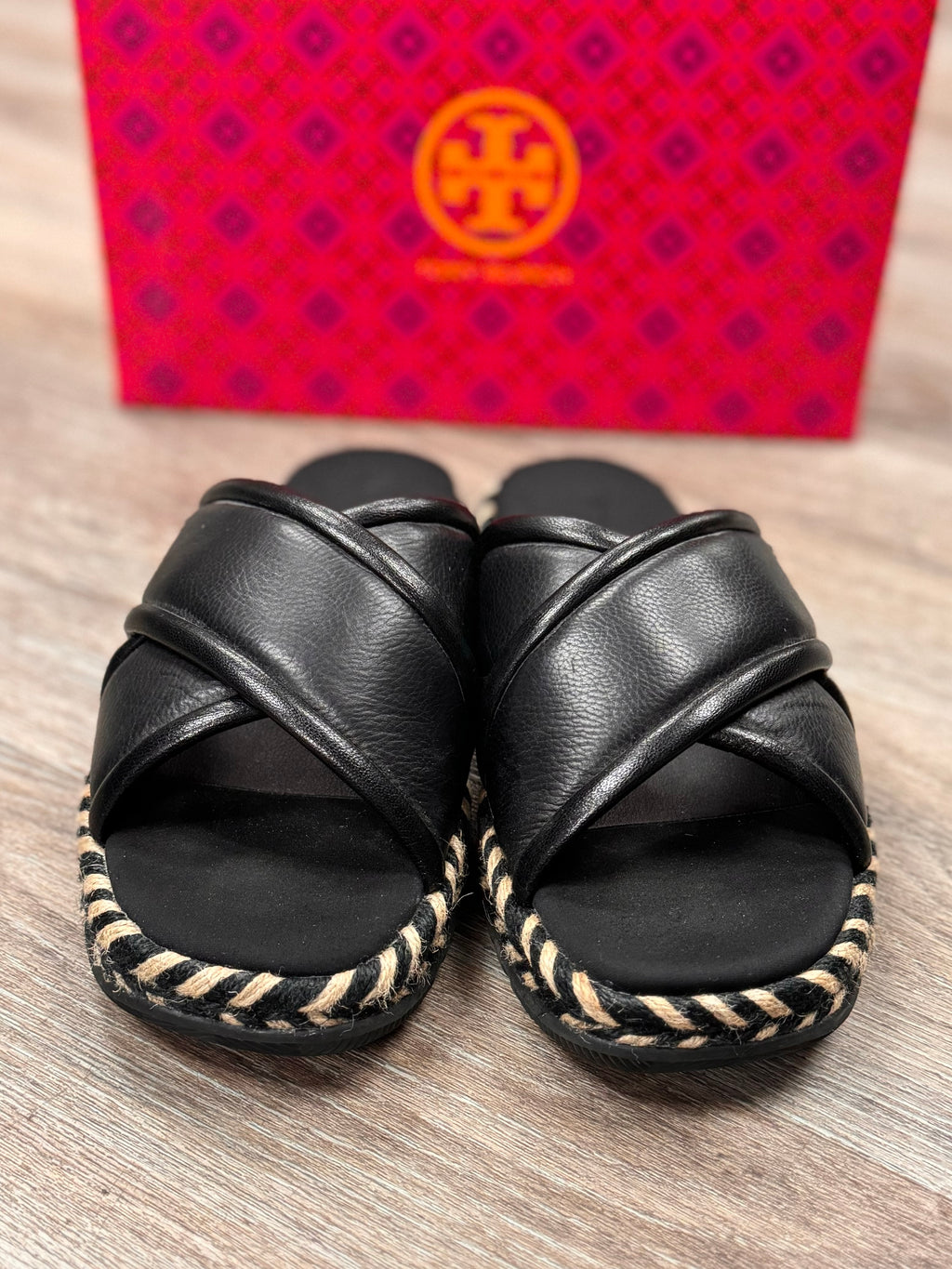 TORY BURCH Black Leather Criss Cross Espadrille Slide Sz. 9 1/2