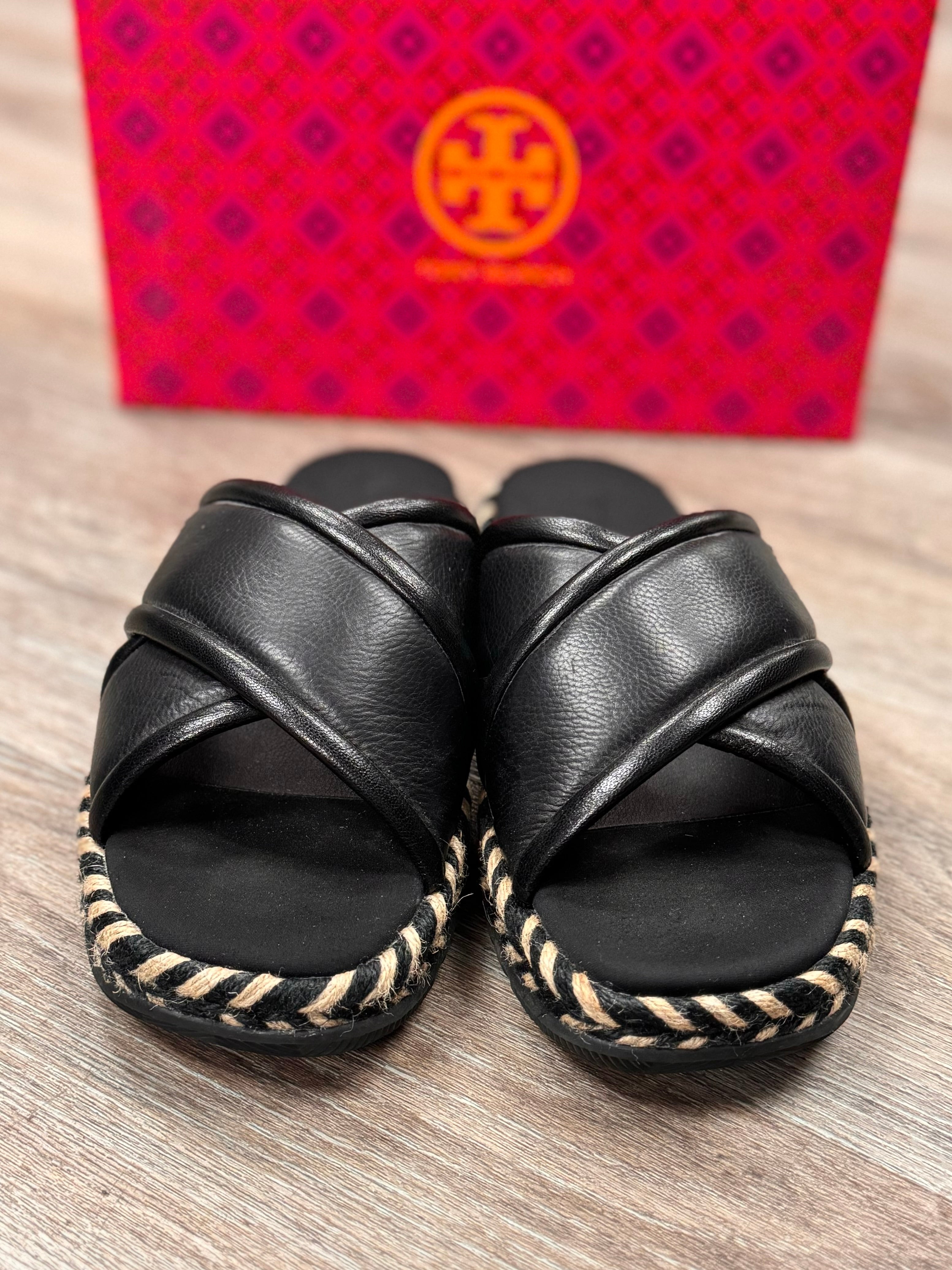 TORY BURCH Black Leather Criss Cross Espadrille Slide Sz. 9 1/2