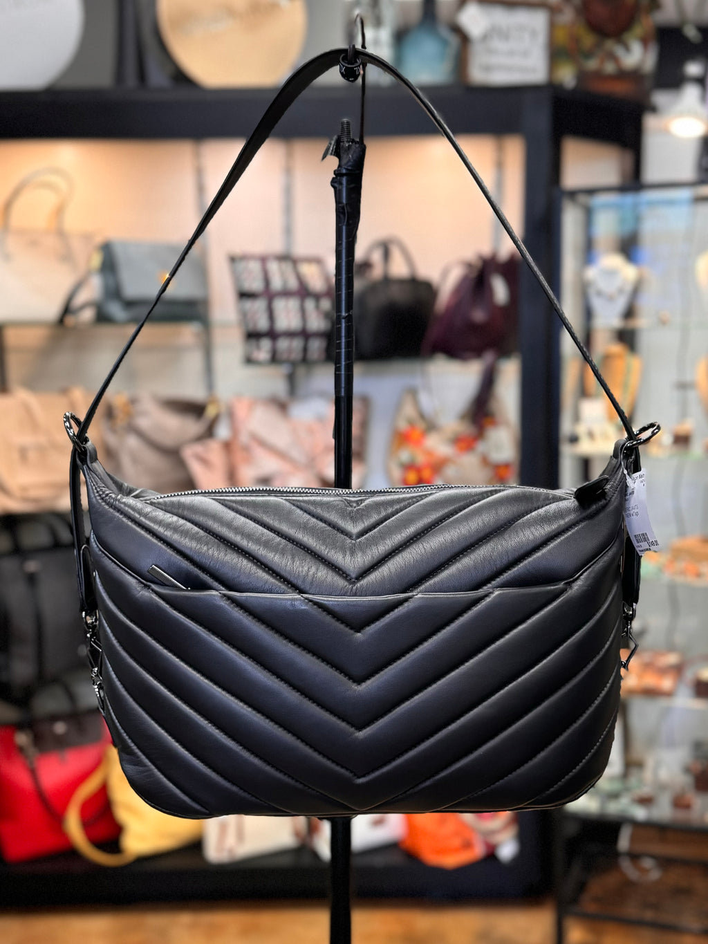 ERIC JAVITS Black Quilted Leather Chevron Jessie Shoulder Bag NEW!