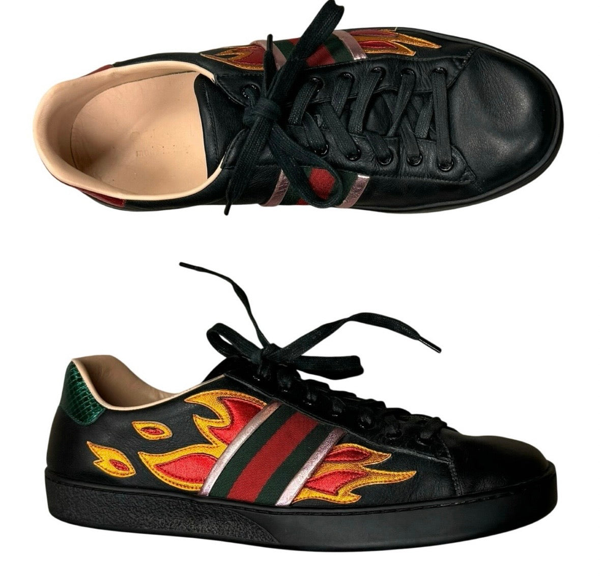 GUCCI Men’s Black Flame Ace Sneakers Sz. 9