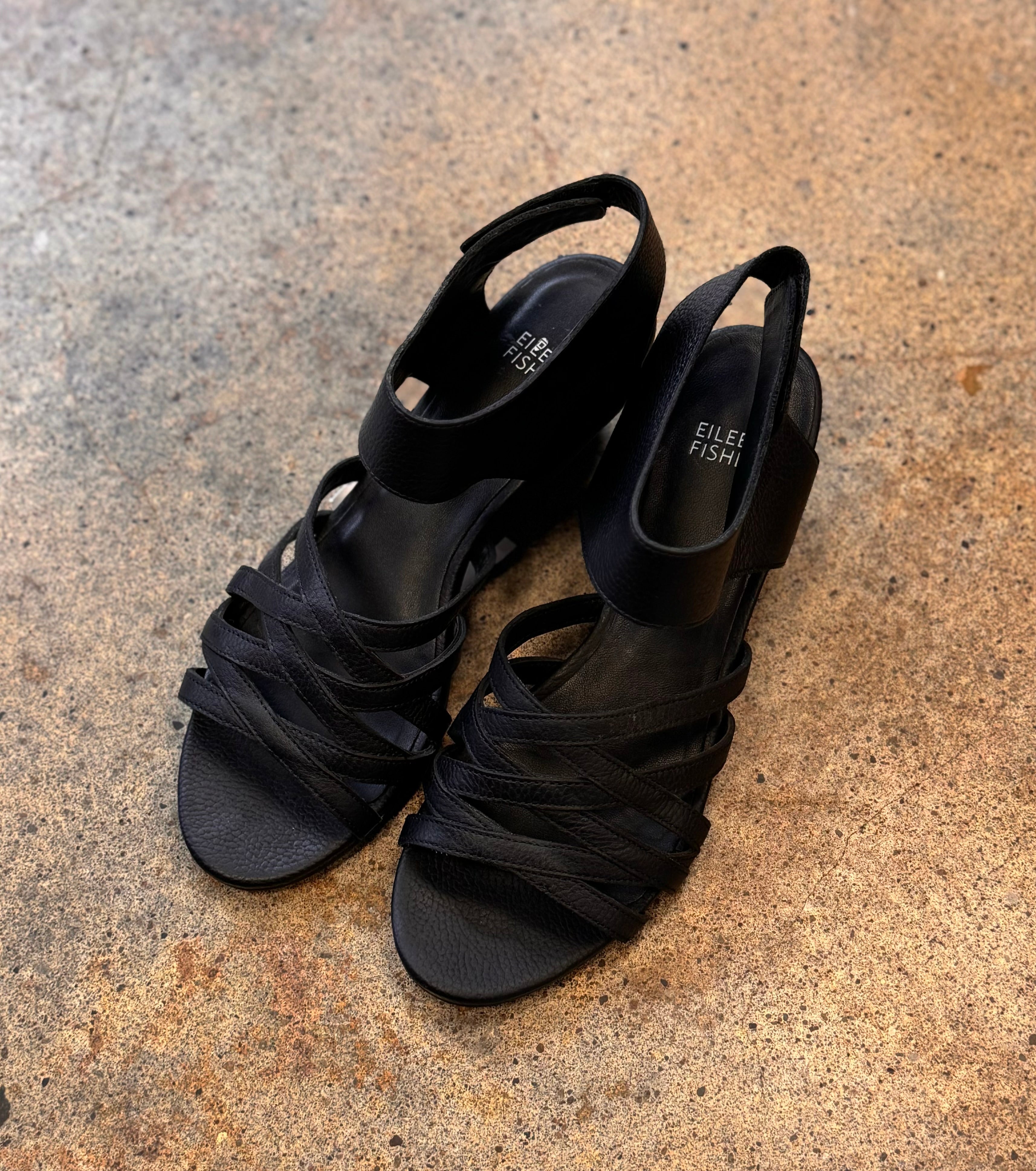 EILEEN FISHER Black Ivy Leather Strappy Sandals Sz. 8