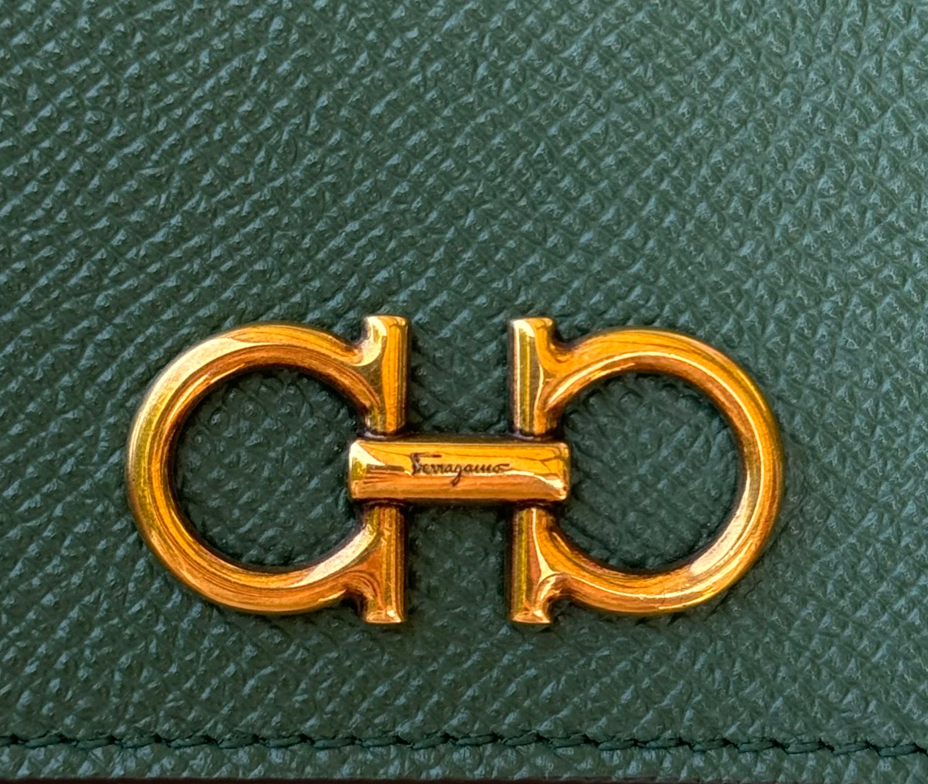 Salvatore Ferragamo Green Leather Double Gancini Mini Wallet