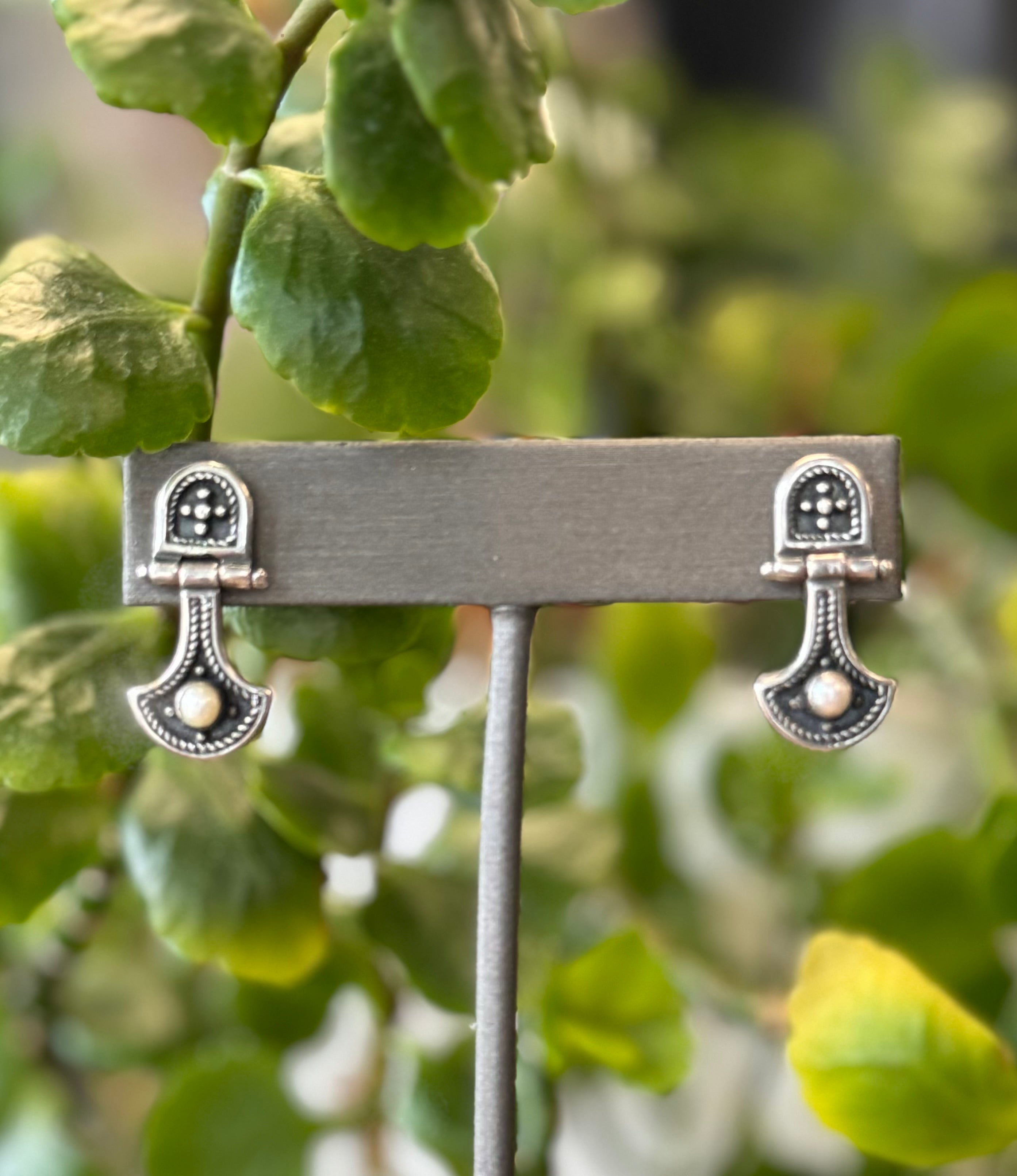 Textured Sterling Silver & Pearl Medieval Intricate Metalwork Hinged Earrings
