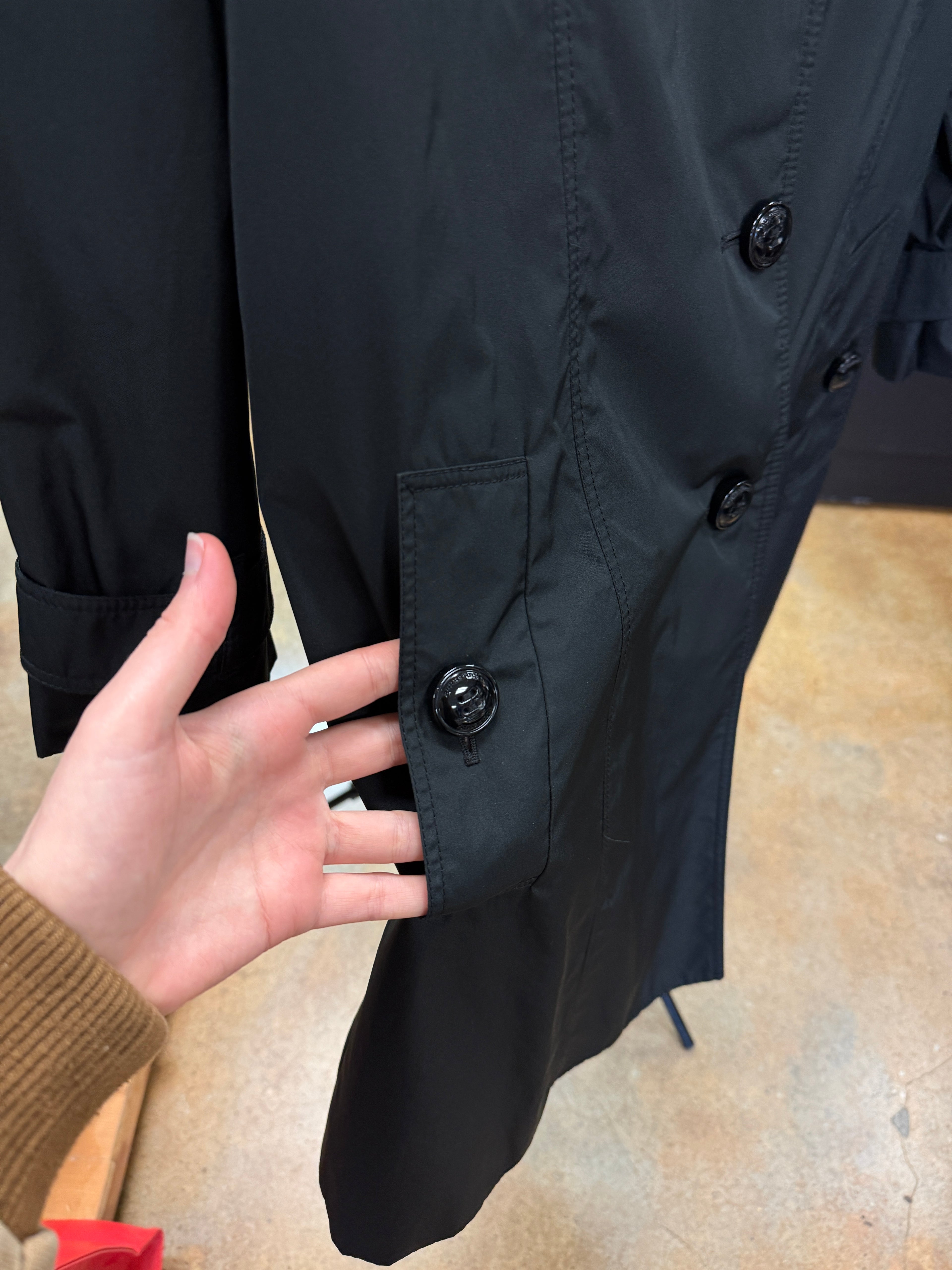 SOLD! BURBERRY London Black Lightweight Trench Coat w/Nova Check Lining Sz. 8