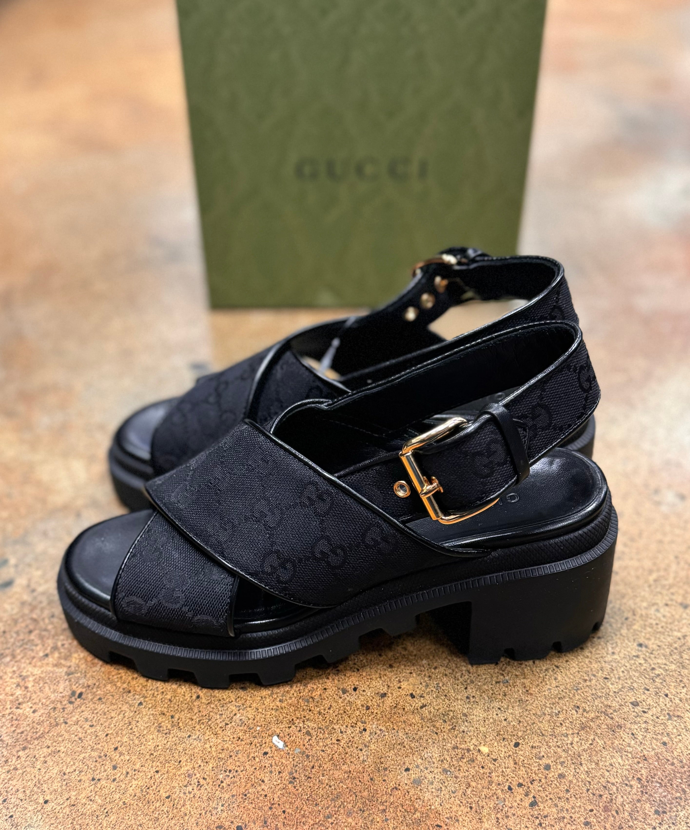 GUCCI Black Canvas Slingback GG Monogram Platform Sandals Sz. 7 1/2