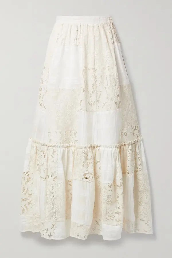 ZIMMERMAN Andie Patchwork Design Midi Lace & Checkered Jacquard Panels Skirt New! - Sz. 12