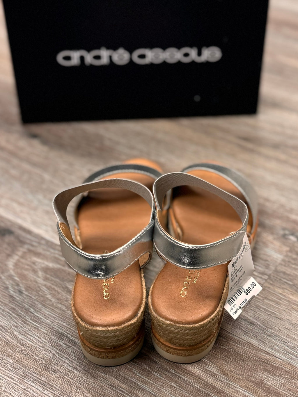 SOLD! andre assous Silver Neveah Espadrille Wedge Sandals Sz. 8