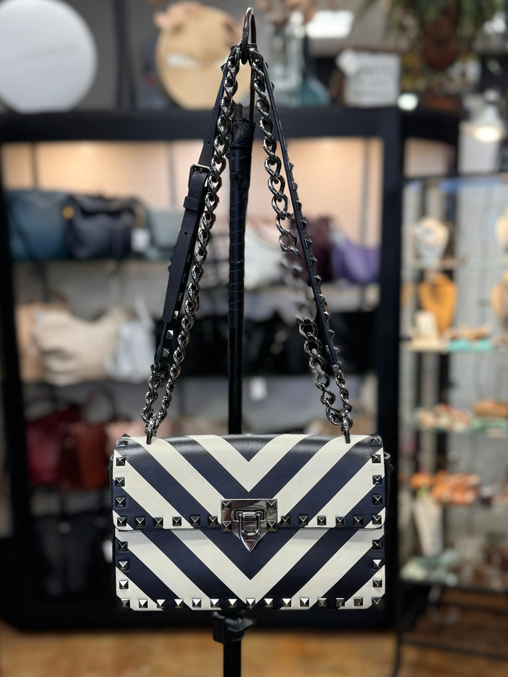 VALENTINO Garavani B-Rockstud Chevron Vitello Leather Bag
