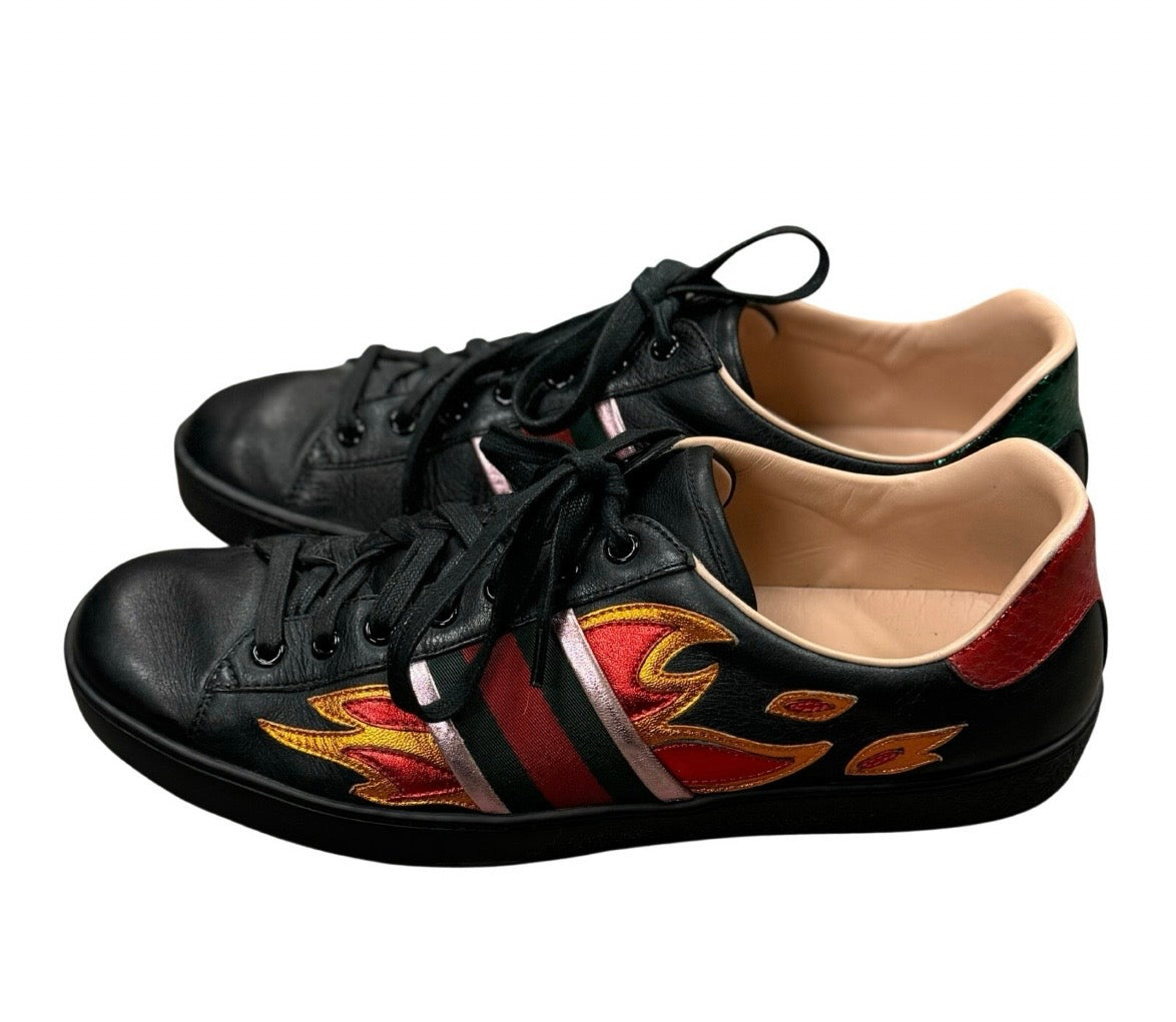 GUCCI Men’s Black Flame Ace Sneakers Sz. 9