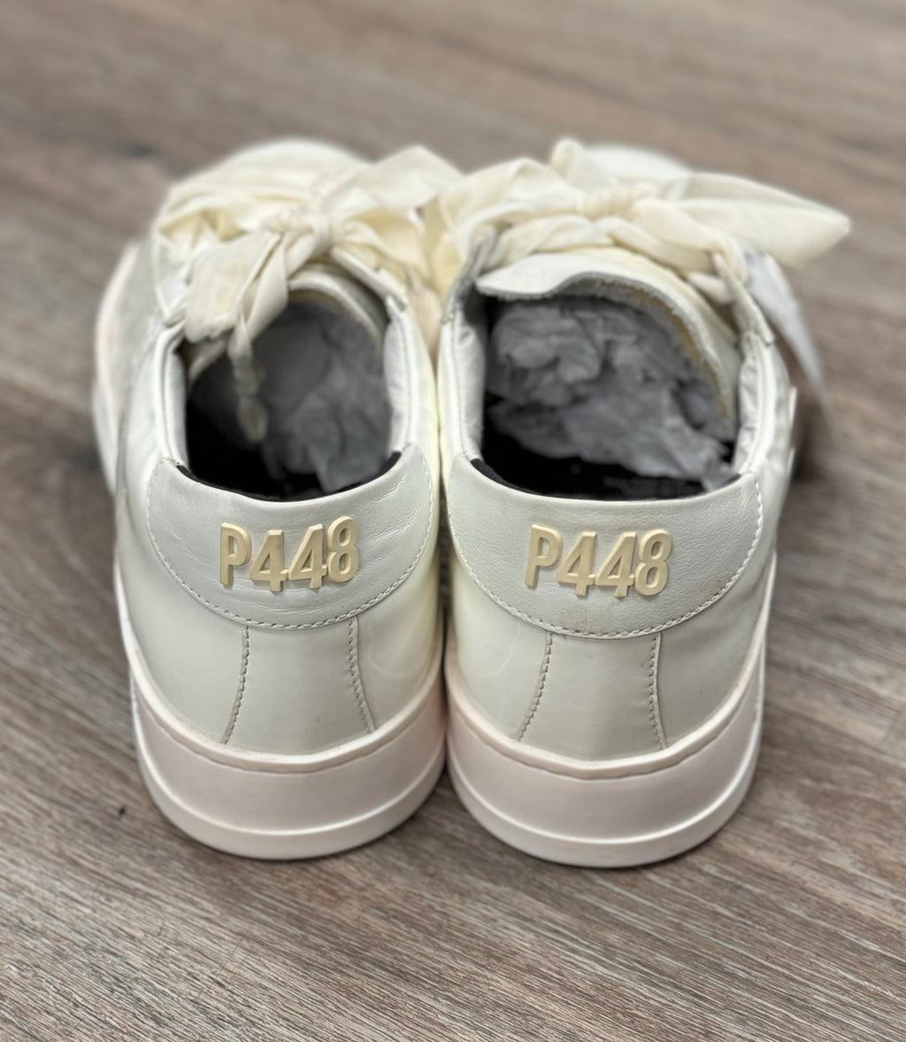 P448 Cream Platform Patent Leather Ribbon Lace Up Sneakers Sz. 10