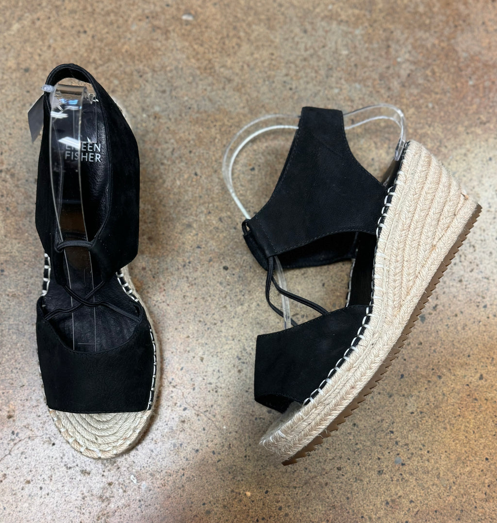 EILEEN FISHER Black Espadrille Wedge Heel Sandals Sz. 8