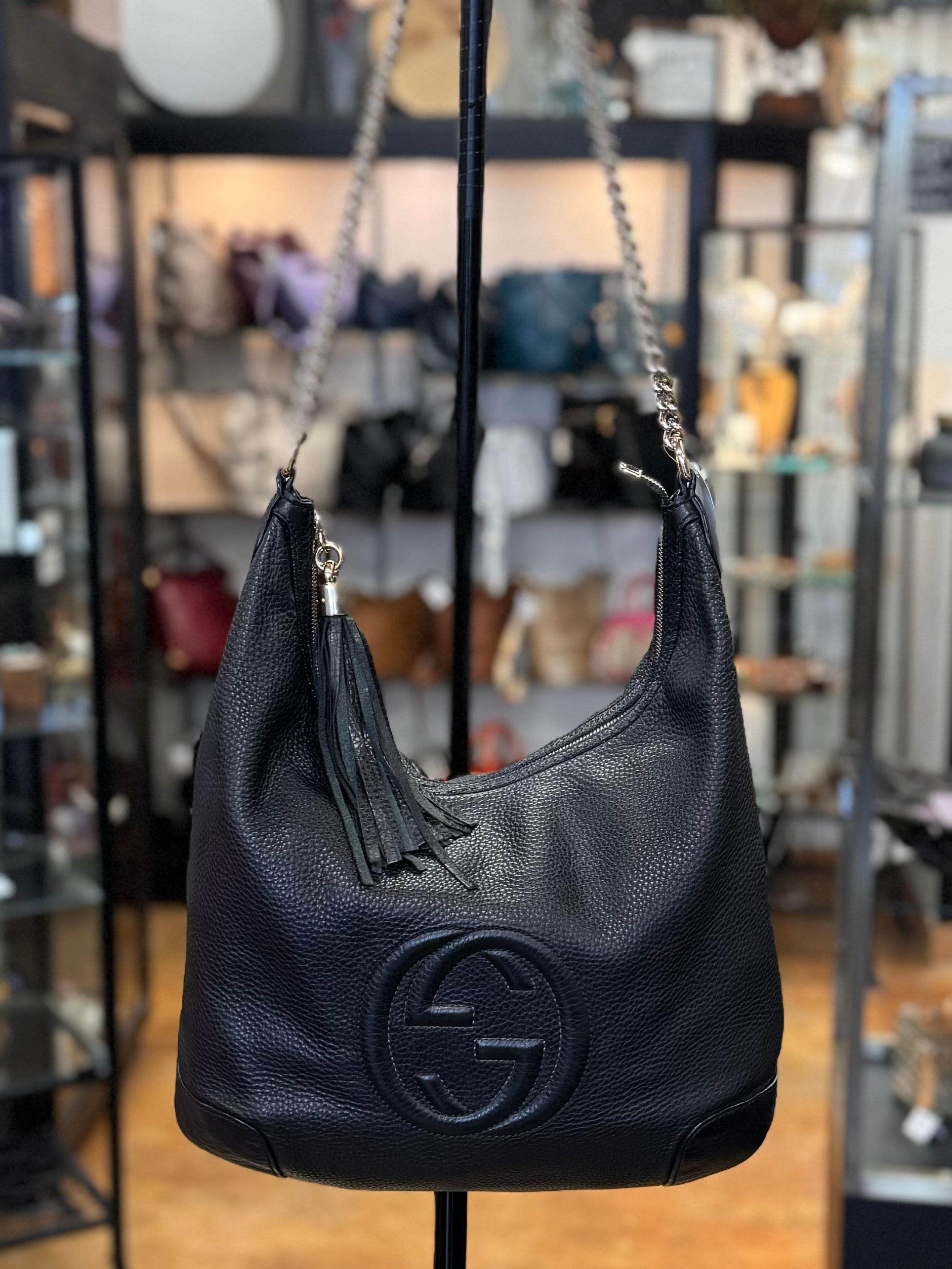 SOLD! GUCCI Black Pebbled Leather Soho Tabasco Hobo Bag