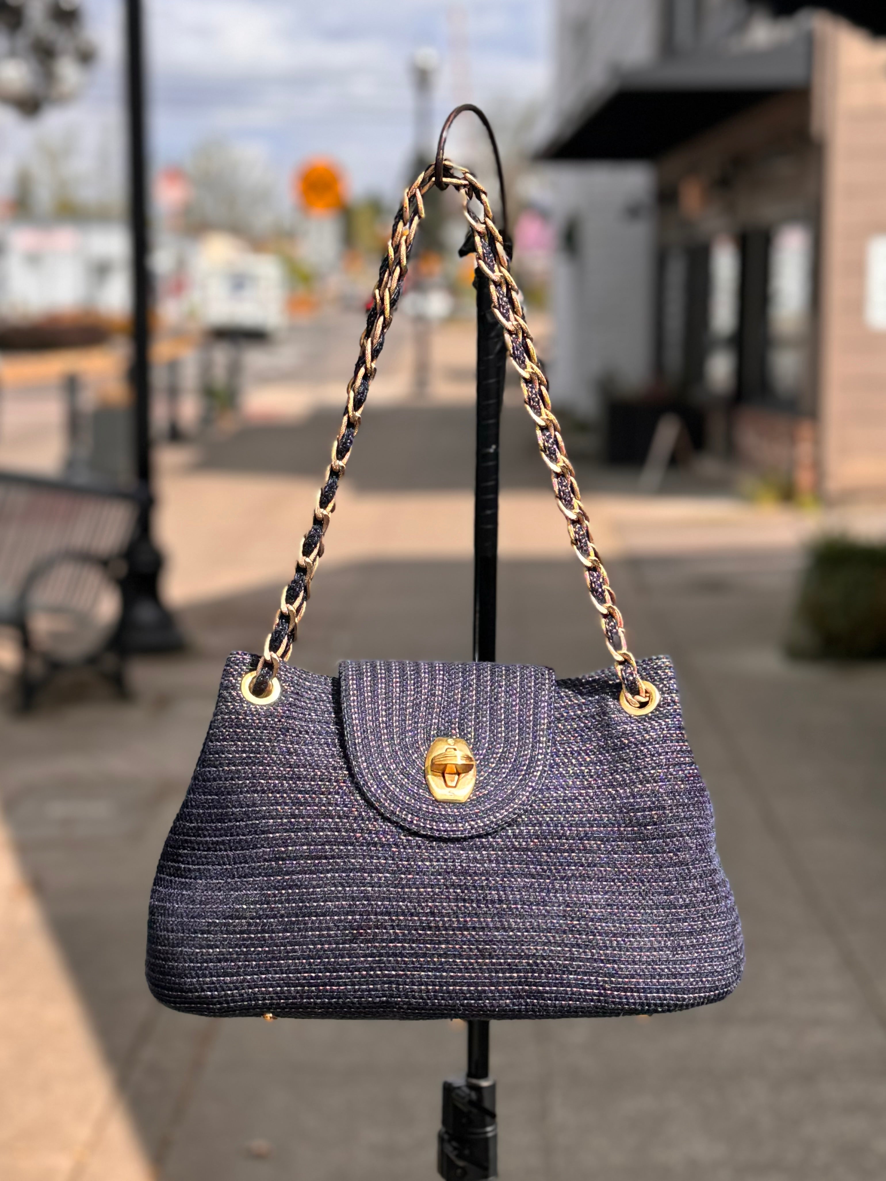 ERIC JAVITS Navy Squishee Straw Woven Chain Handbag