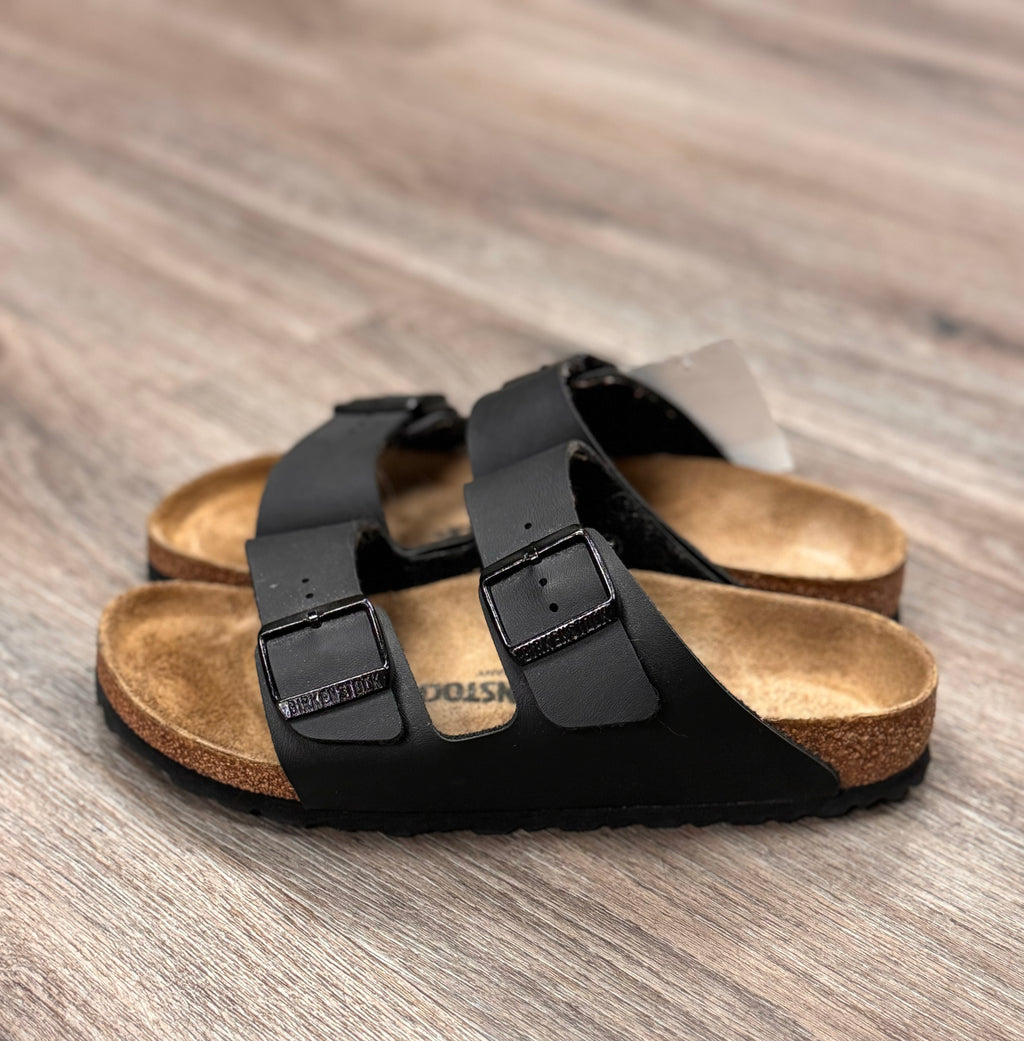 BIRKENSTOCK Black Buckle Leather Arizona Slides Sz. 39