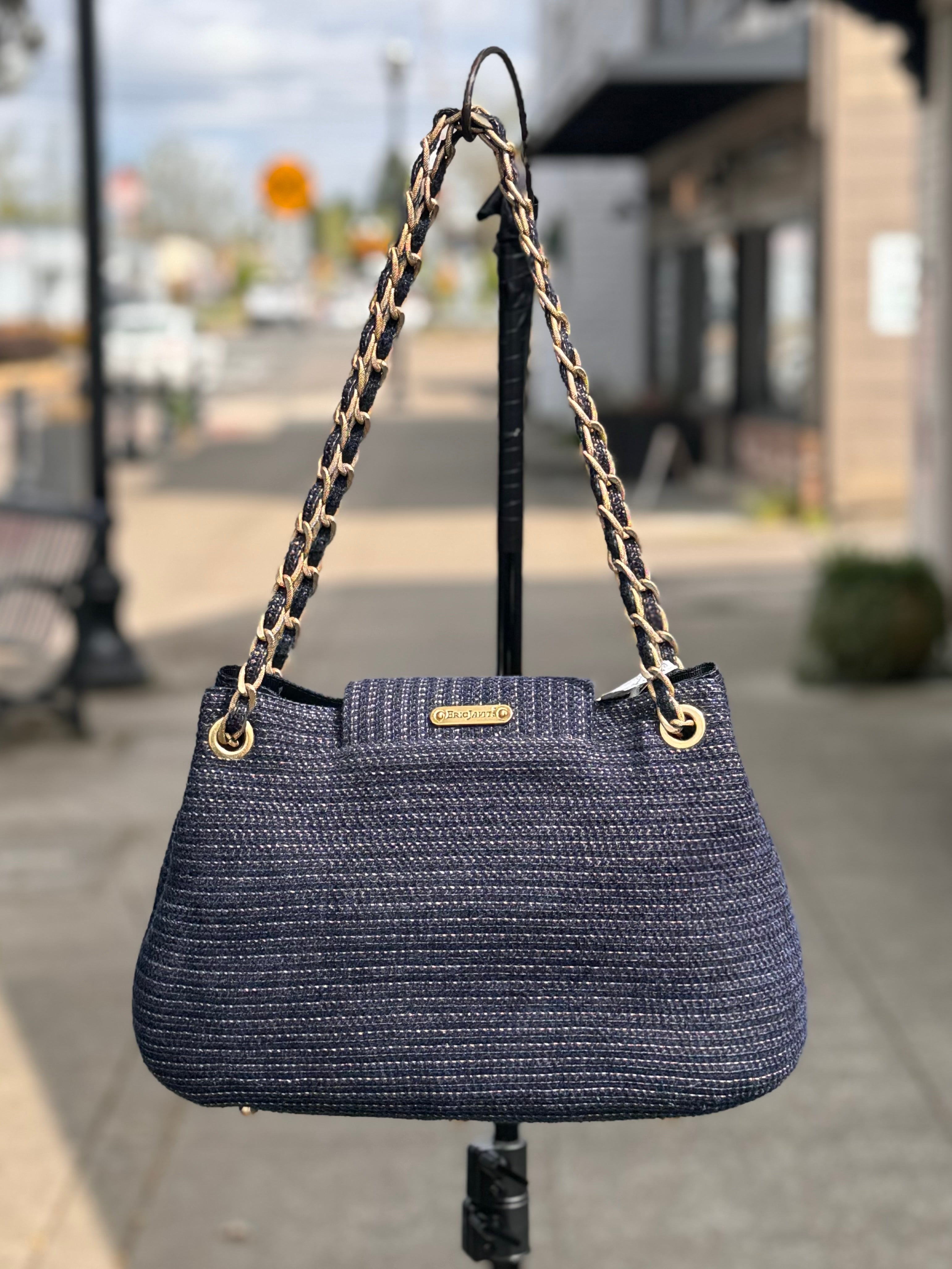 ERIC JAVITS Navy Squishee Straw Woven Chain Handbag