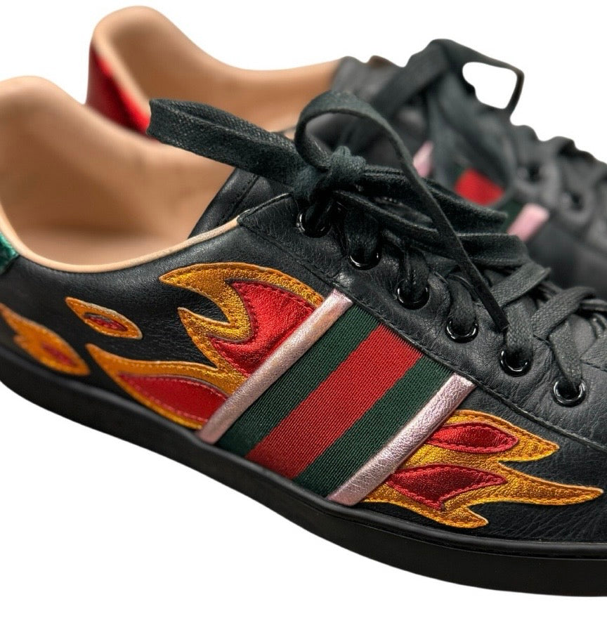 GUCCI Men’s Black Flame Ace Sneakers Sz. 9