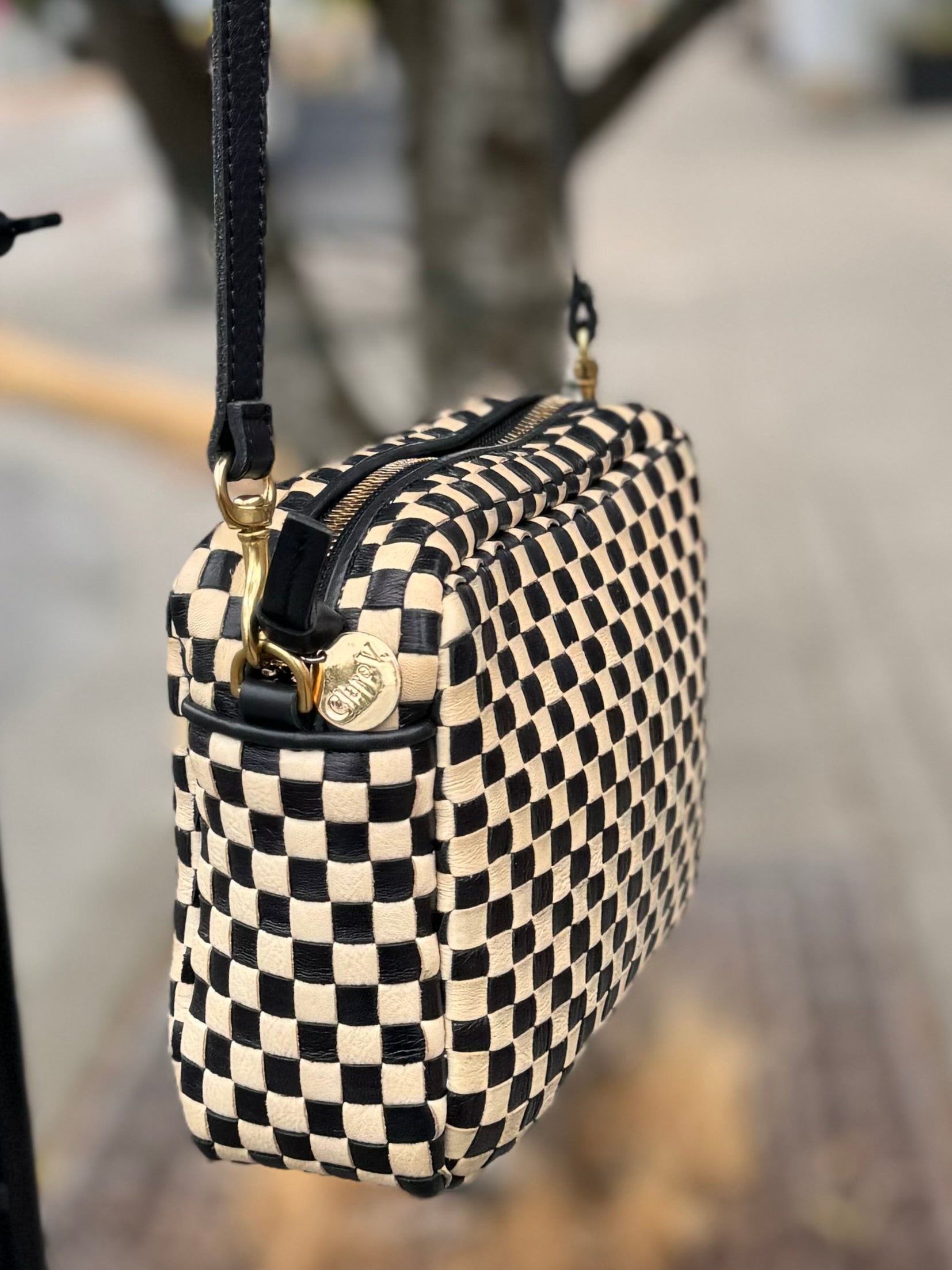 Clare V. Black & Cream Check Leather Crossbody Bag
