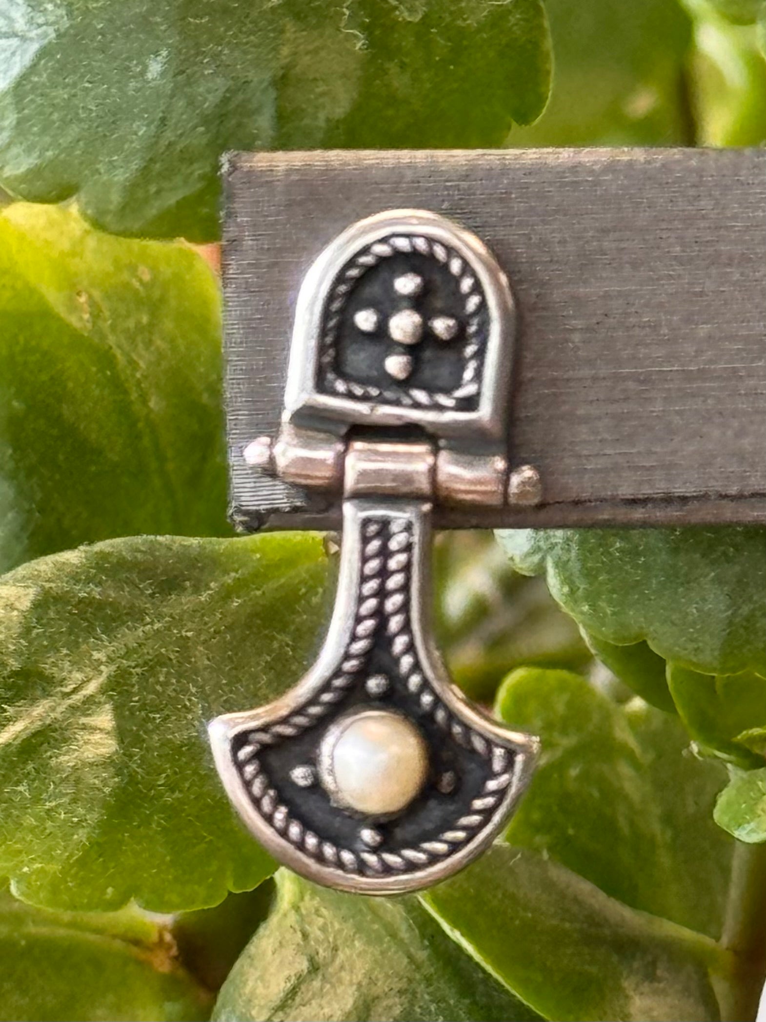 Textured Sterling Silver & Pearl Medieval Intricate Metalwork Hinged Earrings