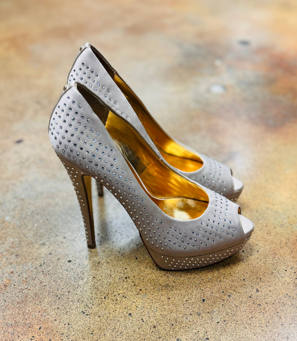 TED BAKER Taupe Studded Peep Toe Heels Sz. 7