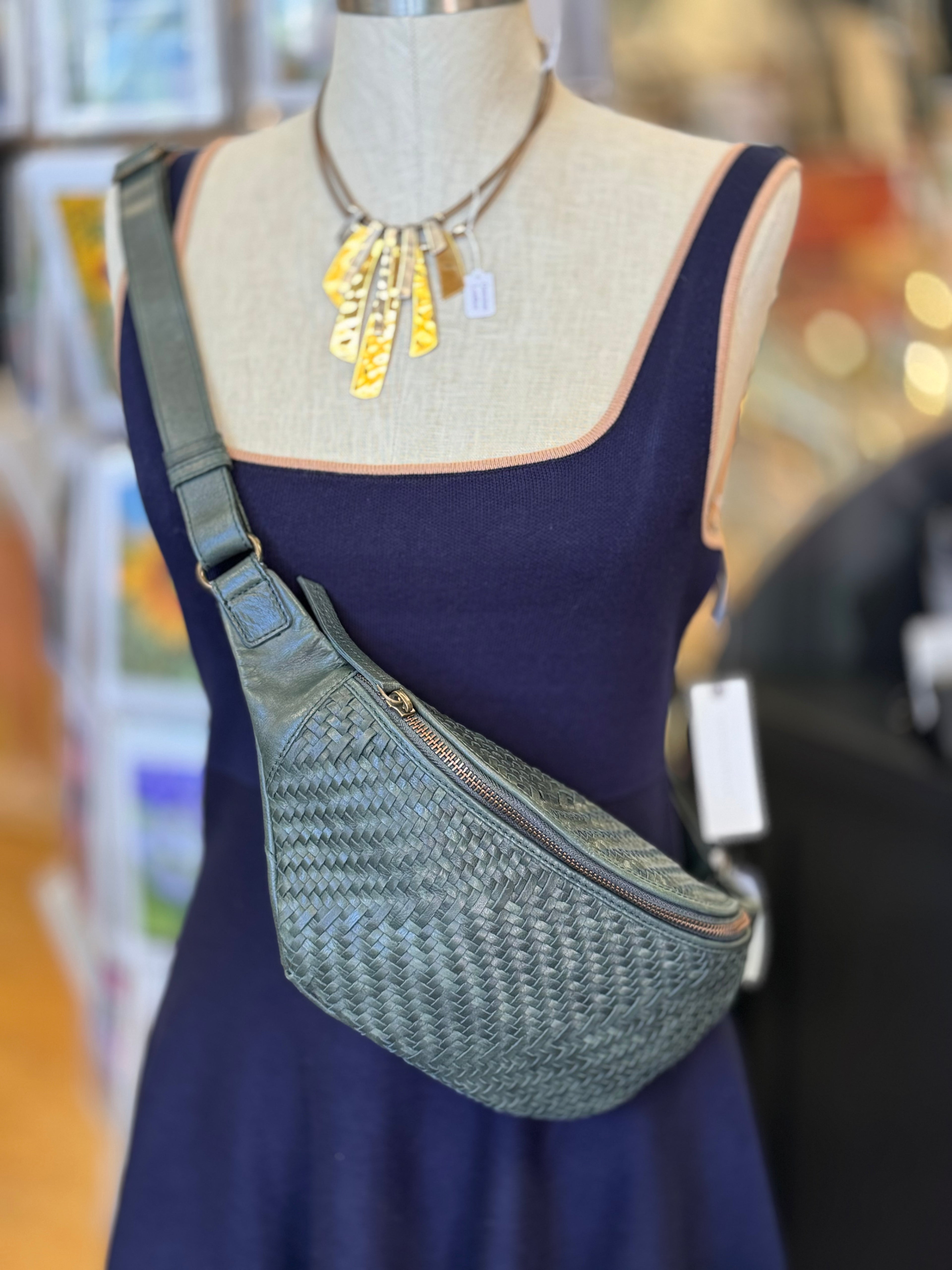 MILO Canada Green Woven Leather Sling Bag