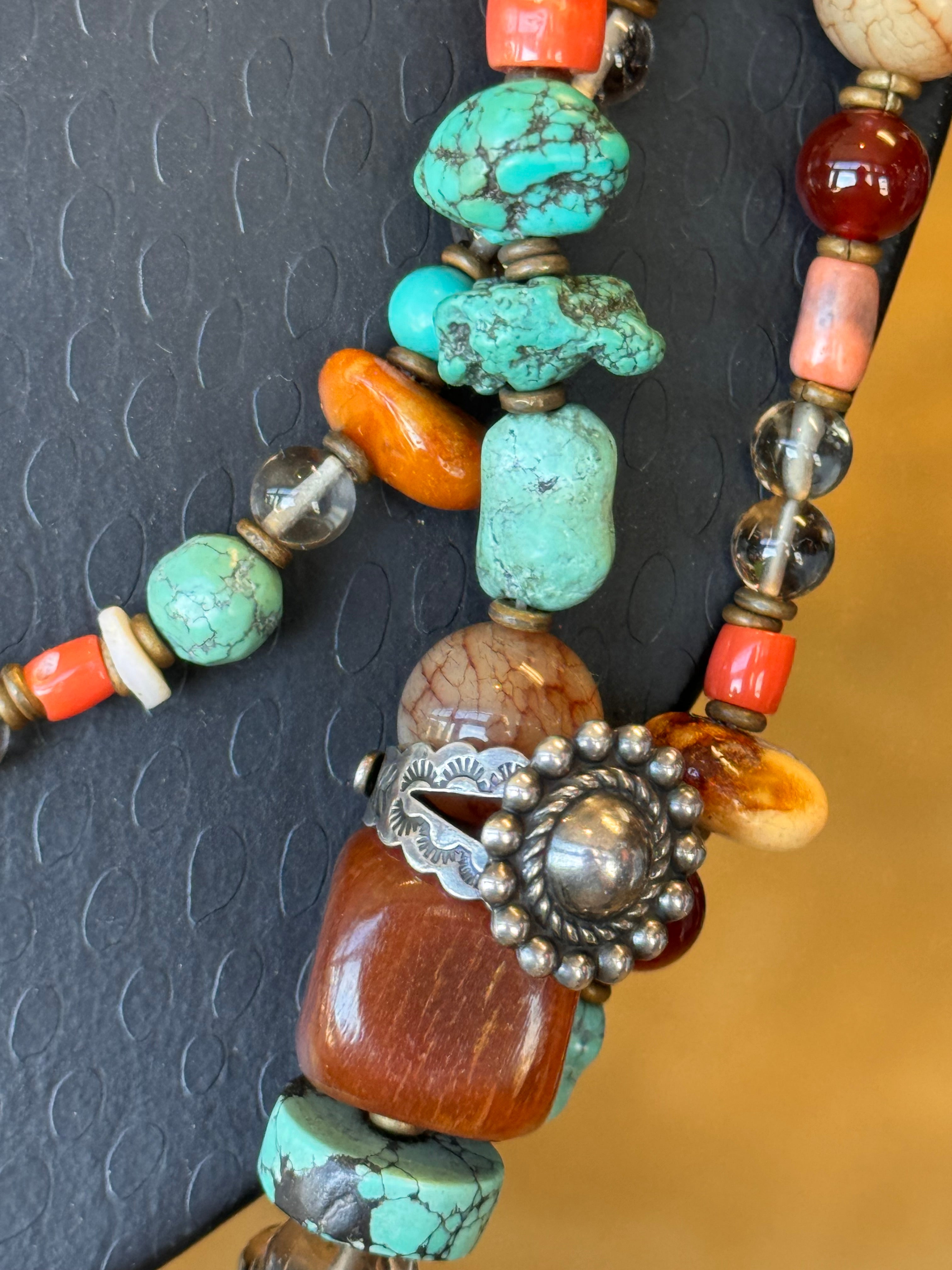 Vintage 1970’s Peyote Bird Sterling Turquoise & Carnelian Coral Necklace