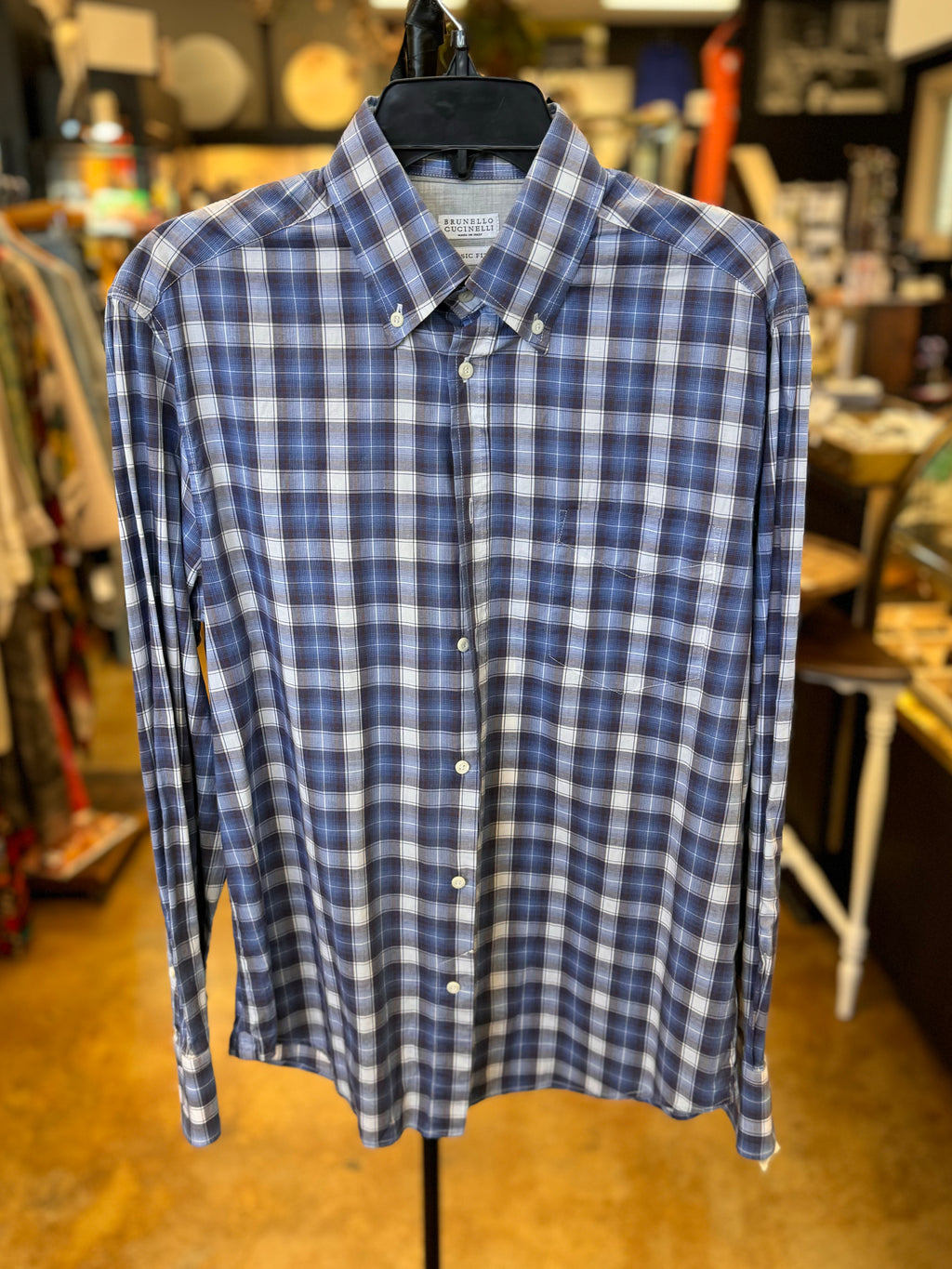BRUNELLO CUCINELLI Men’s Blue & Black Flannel Button Up Cotton Shirt Medium