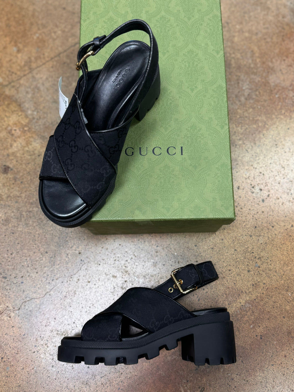 GUCCI Black Canvas Slingback GG Monogram Platform Sandals Sz. 7 1/2