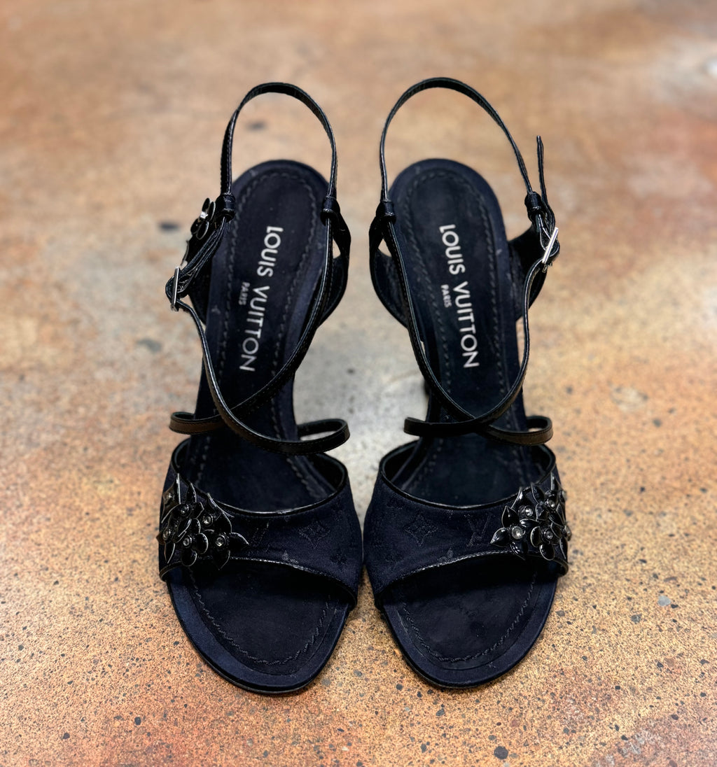 LOUIS VUITTON Y2K Vintage Black Strappy Heels Sz. 7 1/2