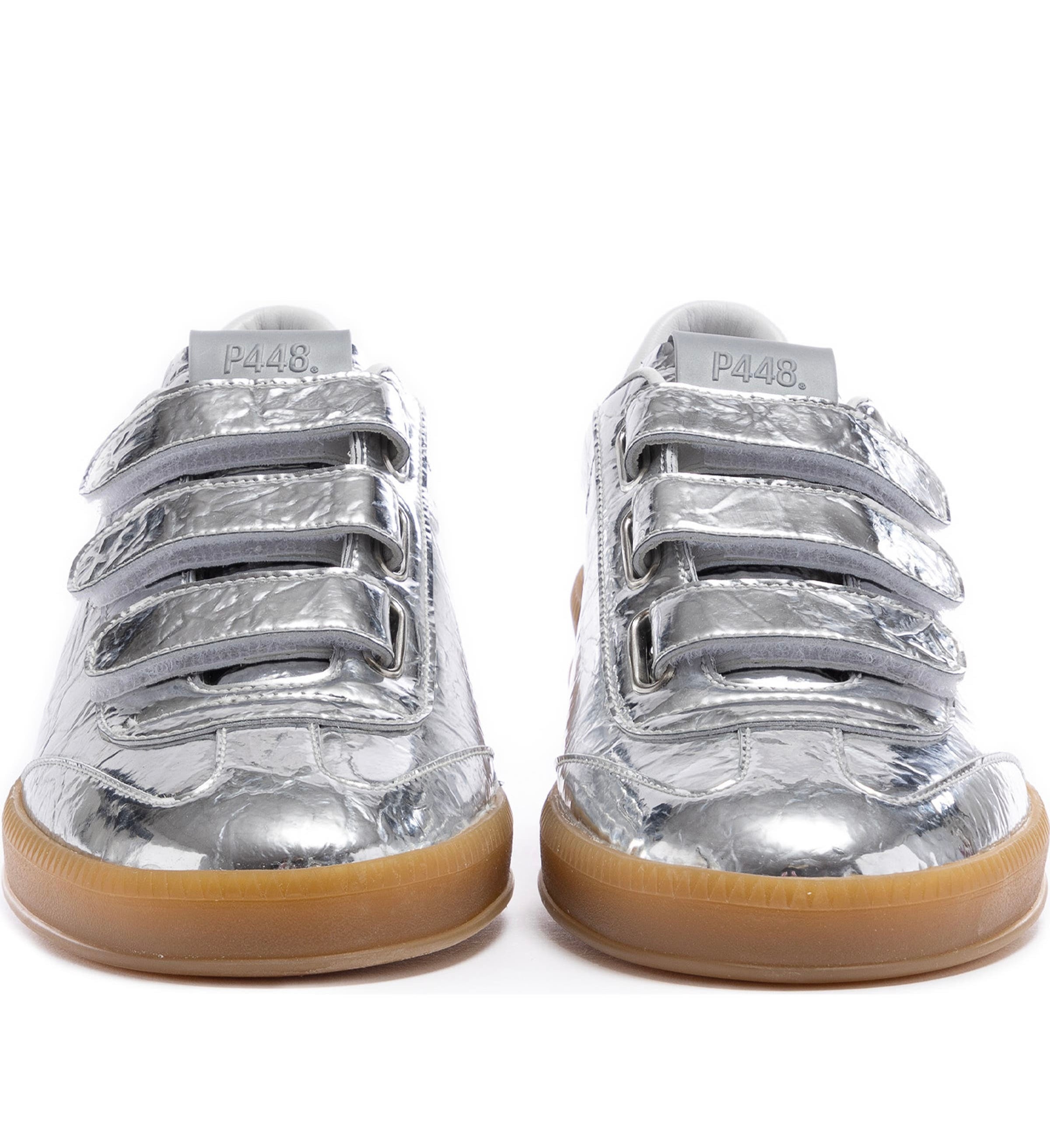 P448 Metallic Silver Monza 3 Strap Leather Shoes Sz. 39 / 8-8.5