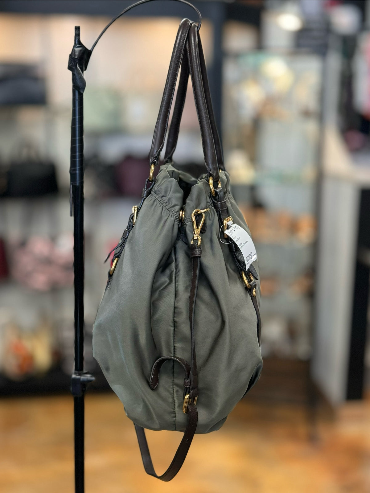 PRADA Green Tessuto Nylon Leather Trim Shoulder Bag